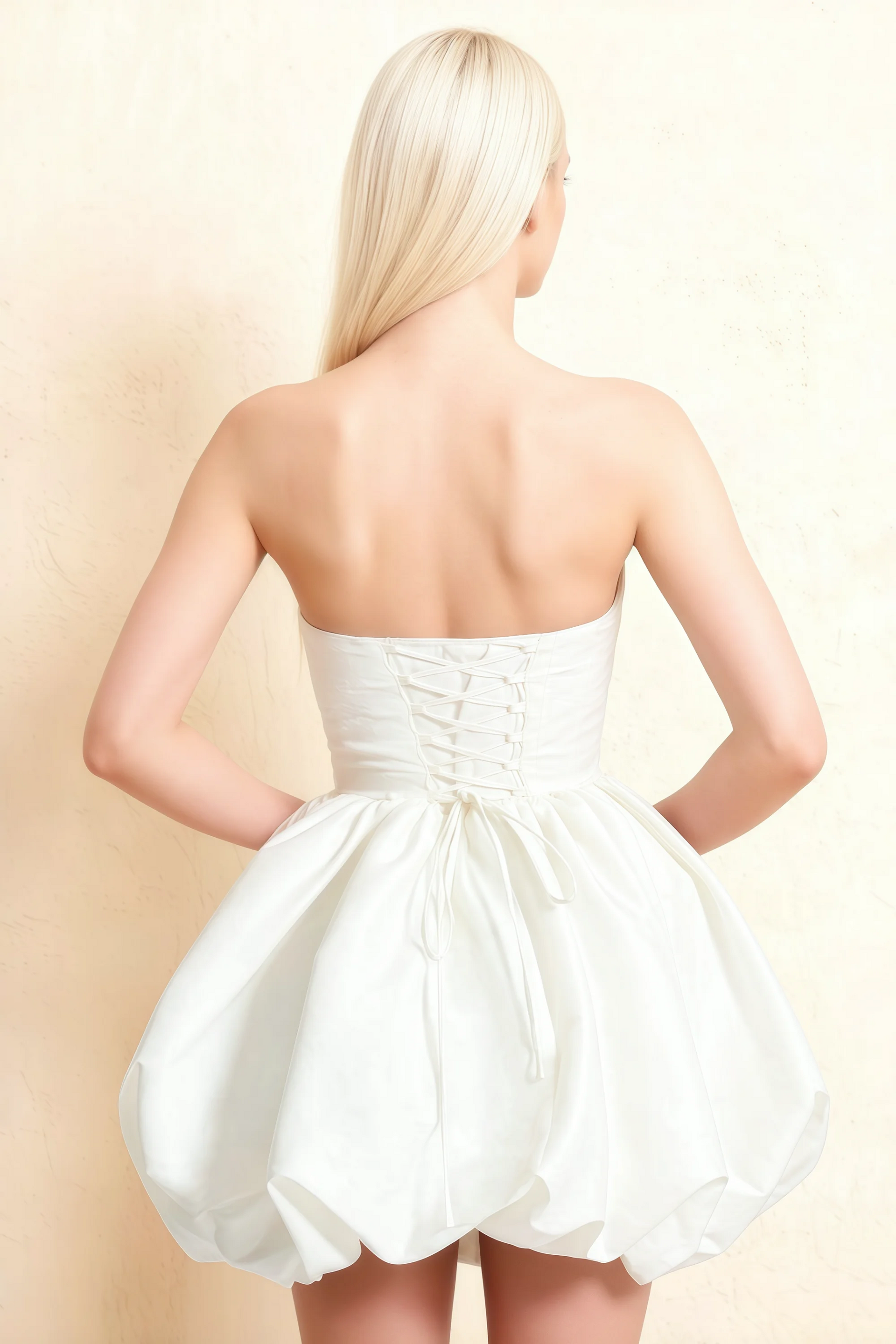 Annie White Satin Corset Bow Mini Dress with Bubble Hems