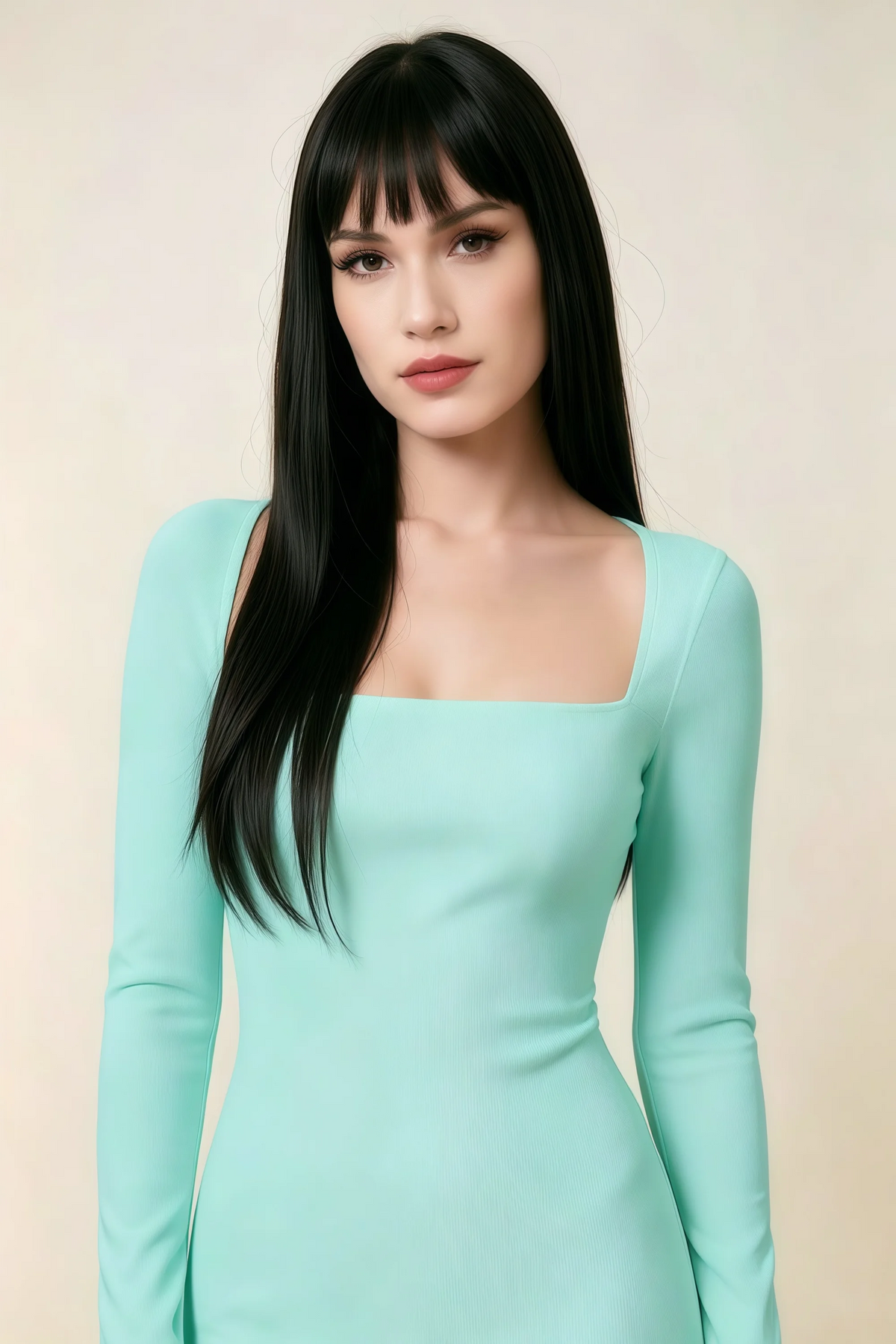 Antoinette Aqua Square Neck Long Sleeve Bodycon Midi Dress