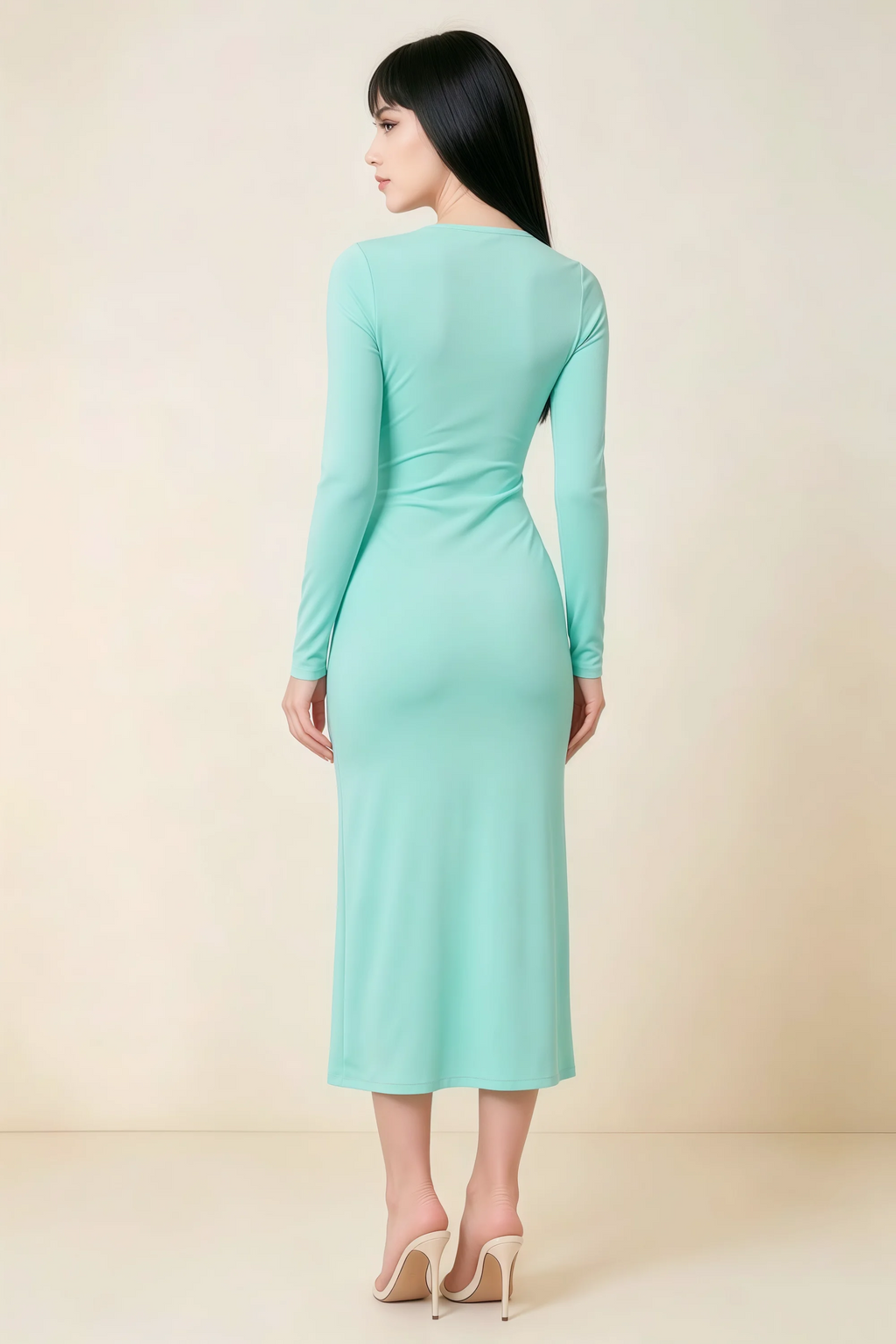 Antoinette Aqua Square Neck Long Sleeve Bodycon Midi Dress