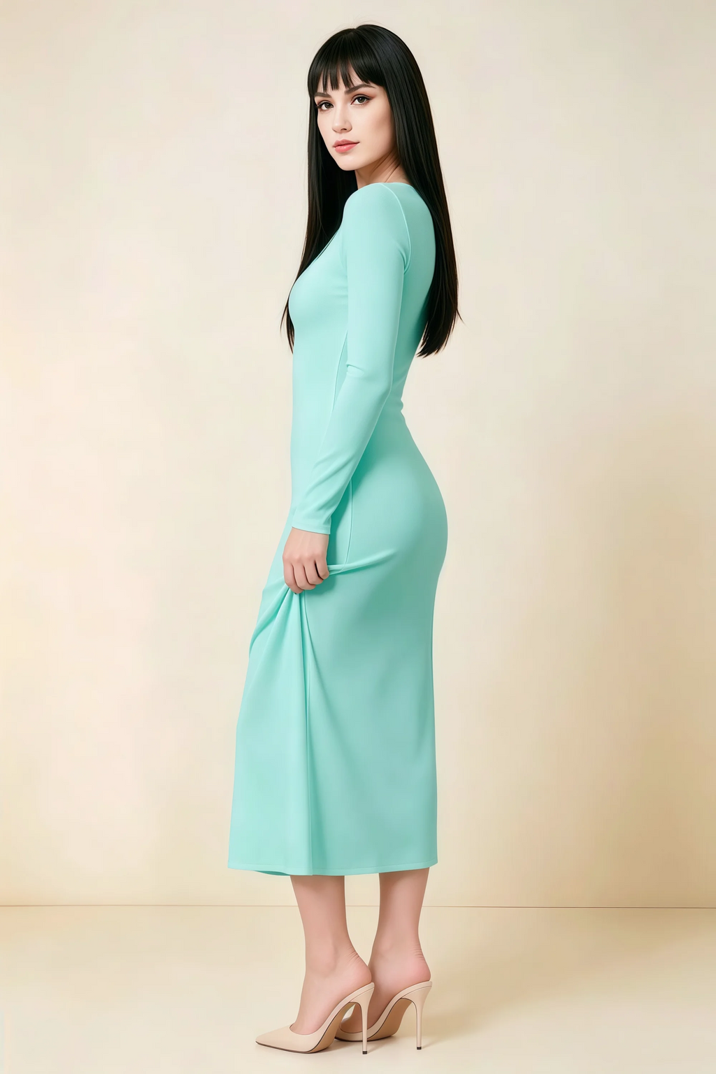Antoinette Aqua Square Neck Long Sleeve Bodycon Midi Dress