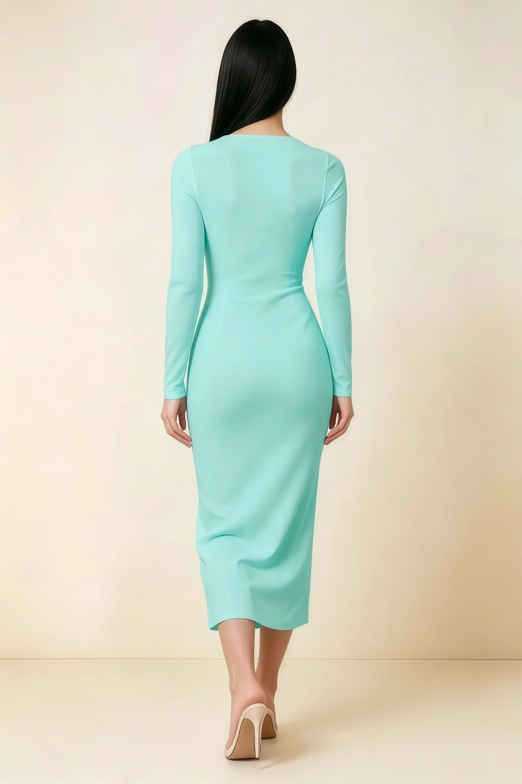 Antoinette Aqua Square Neck Long Sleeve Bodycon Midi Dress