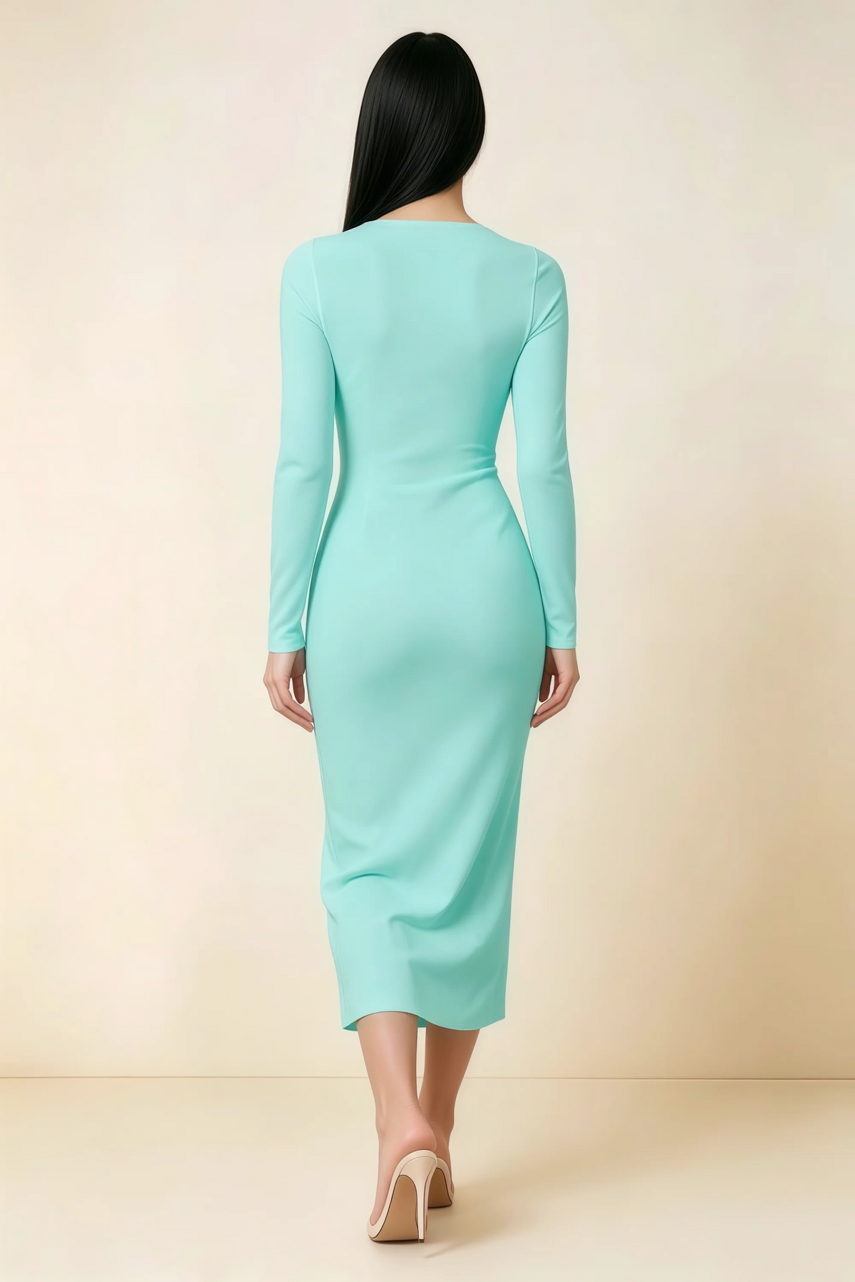 Antoinette Aqua Square Neck Long Sleeve Bodycon Midi Dress