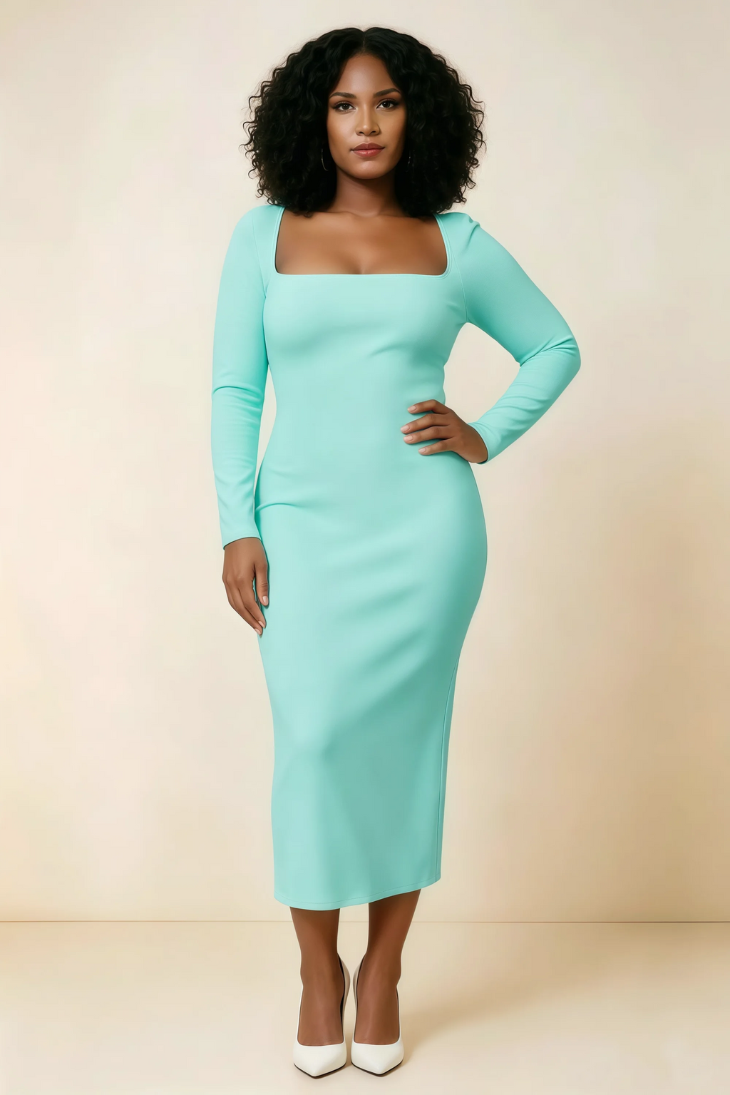 Antoinette Aqua Square Neck Long Sleeve Bodycon Midi Dress