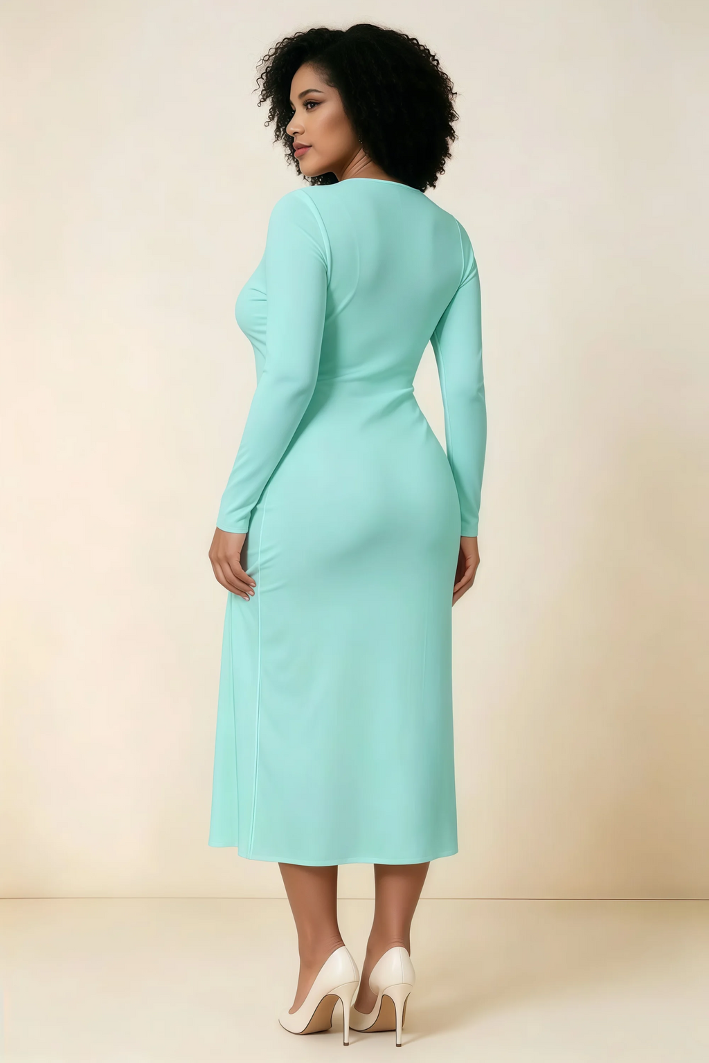 Antoinette Aqua Square Neck Long Sleeve Bodycon Midi Dress