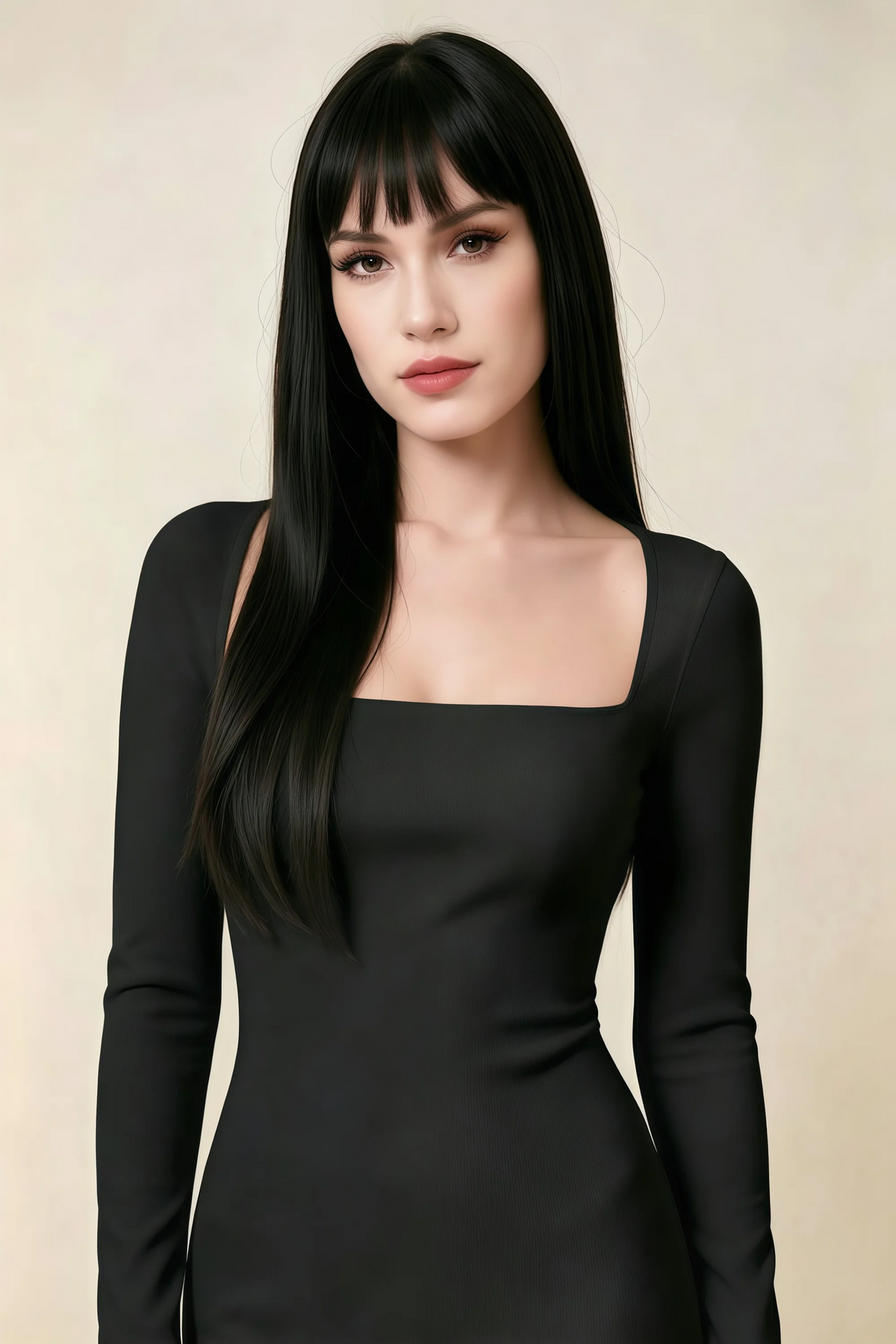 Antoinette Black Square Neck Long Sleeve Bodycon Midi Dress