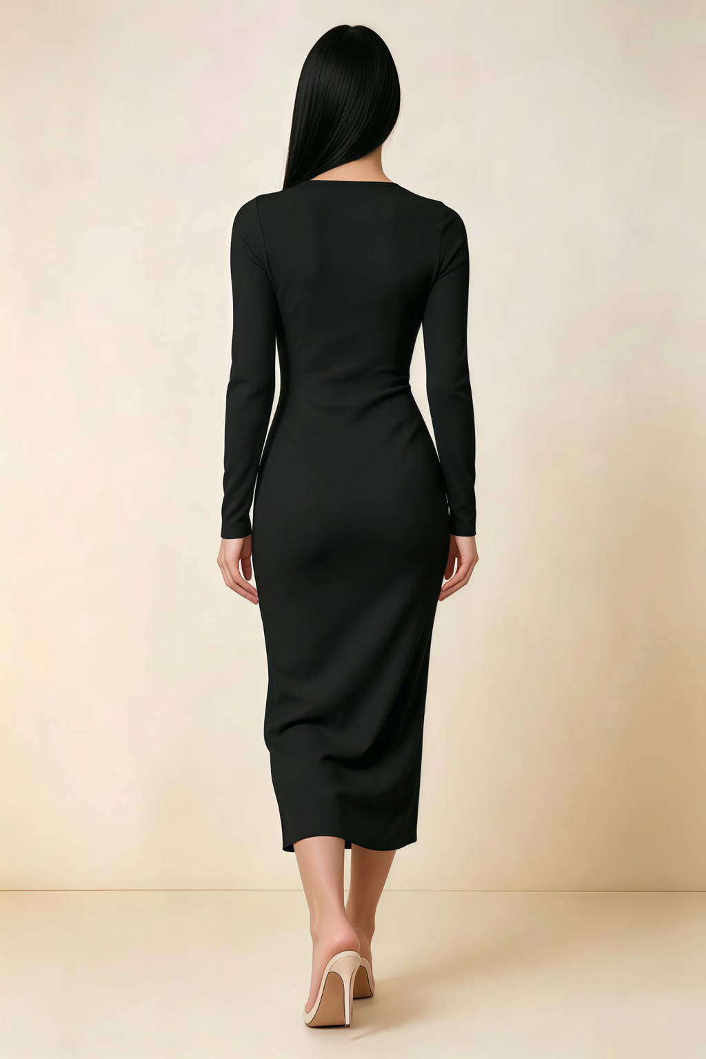 Antoinette Black Square Neck Long Sleeve Bodycon Midi Dress