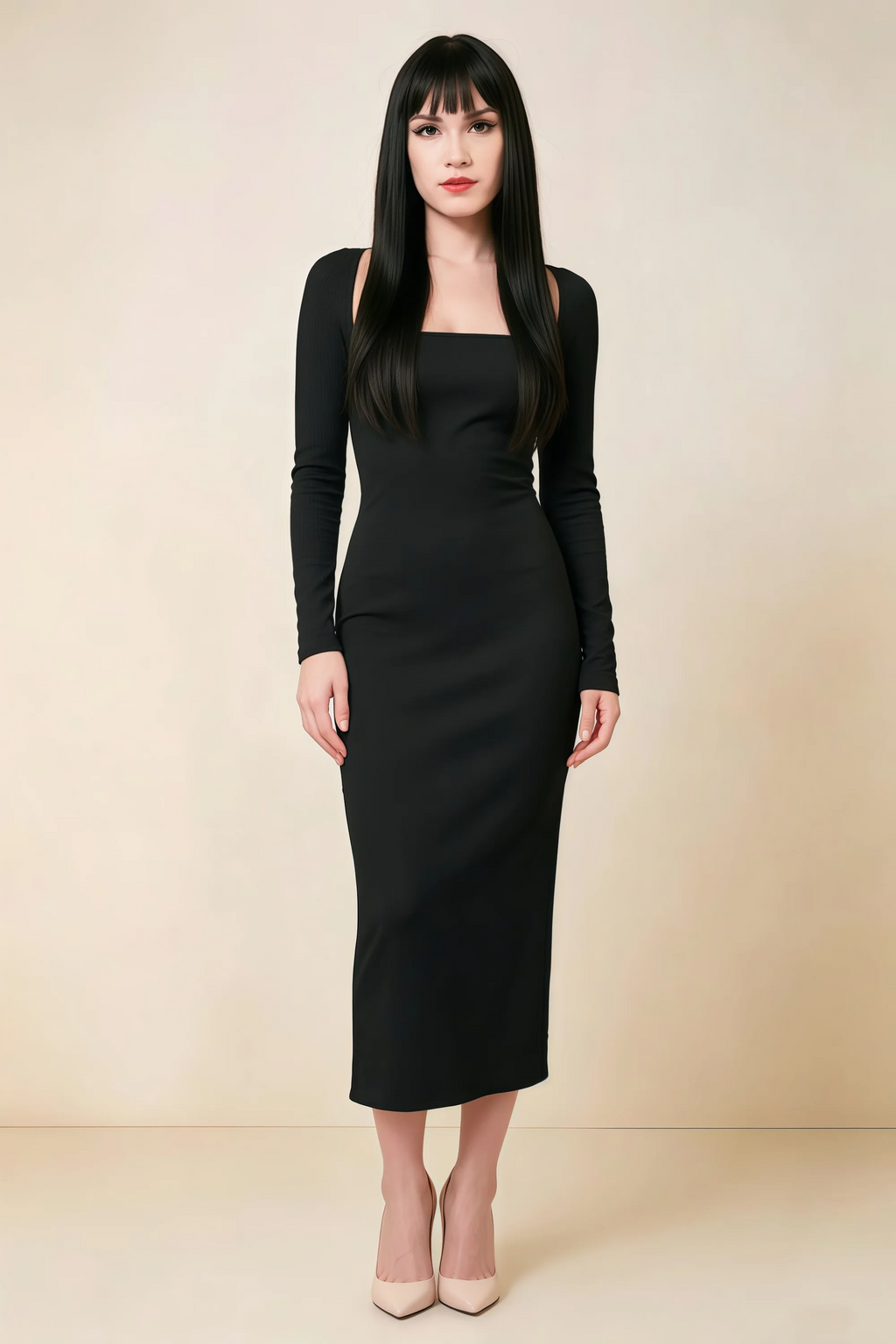 Antoinette Black Square Neck Long Sleeve Bodycon Midi Dress