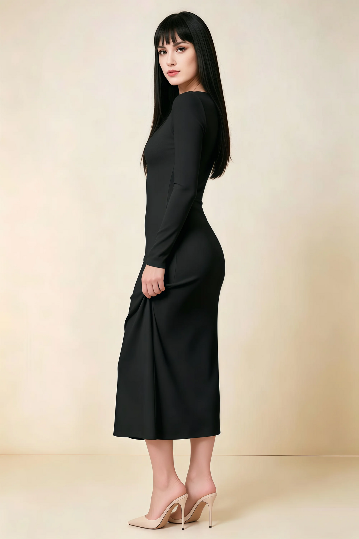 Antoinette Black Square Neck Long Sleeve Bodycon Midi Dress