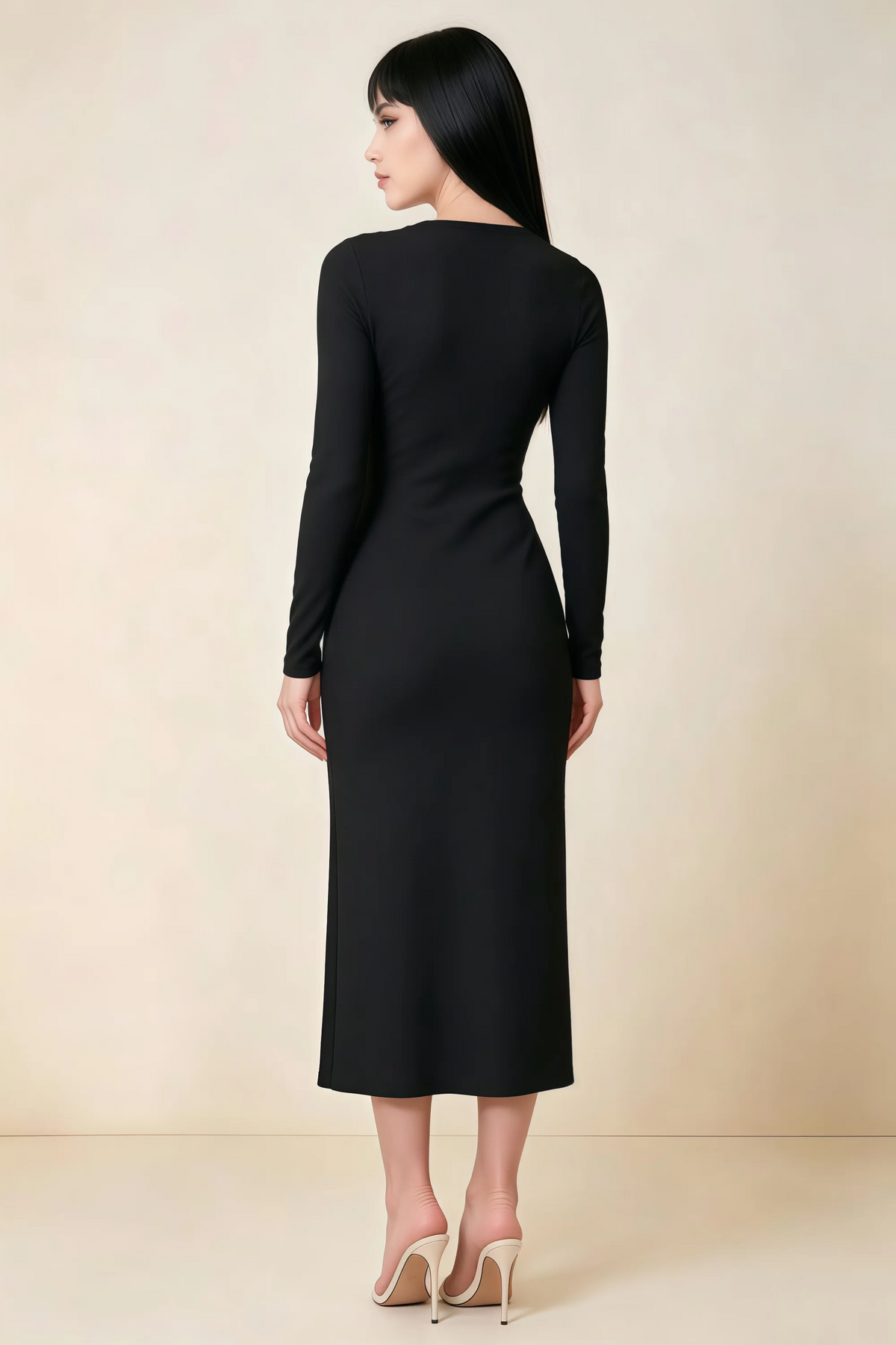 Antoinette Black Square Neck Long Sleeve Bodycon Midi Dress