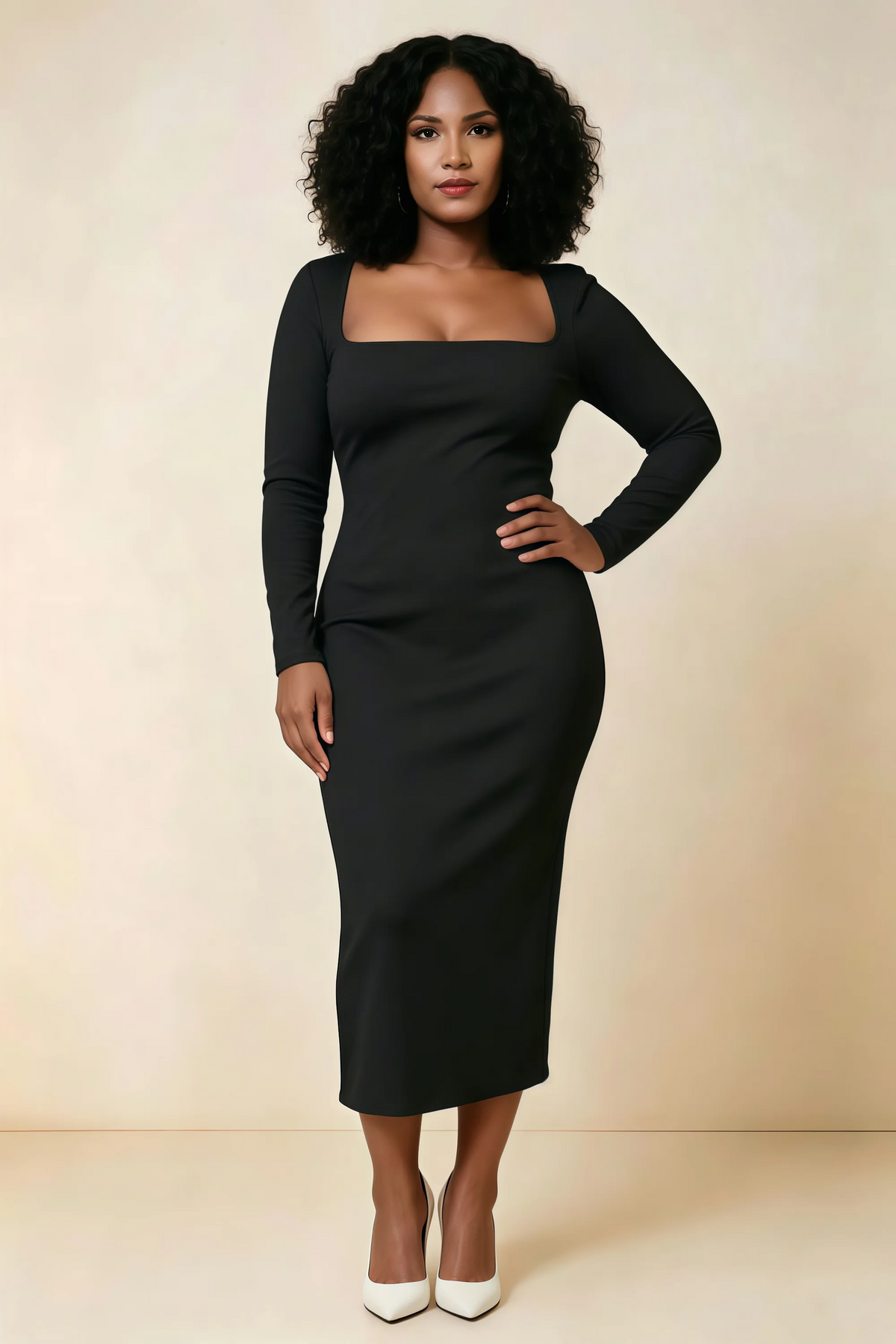 Antoinette Black Square Neck Long Sleeve Bodycon Midi Dress