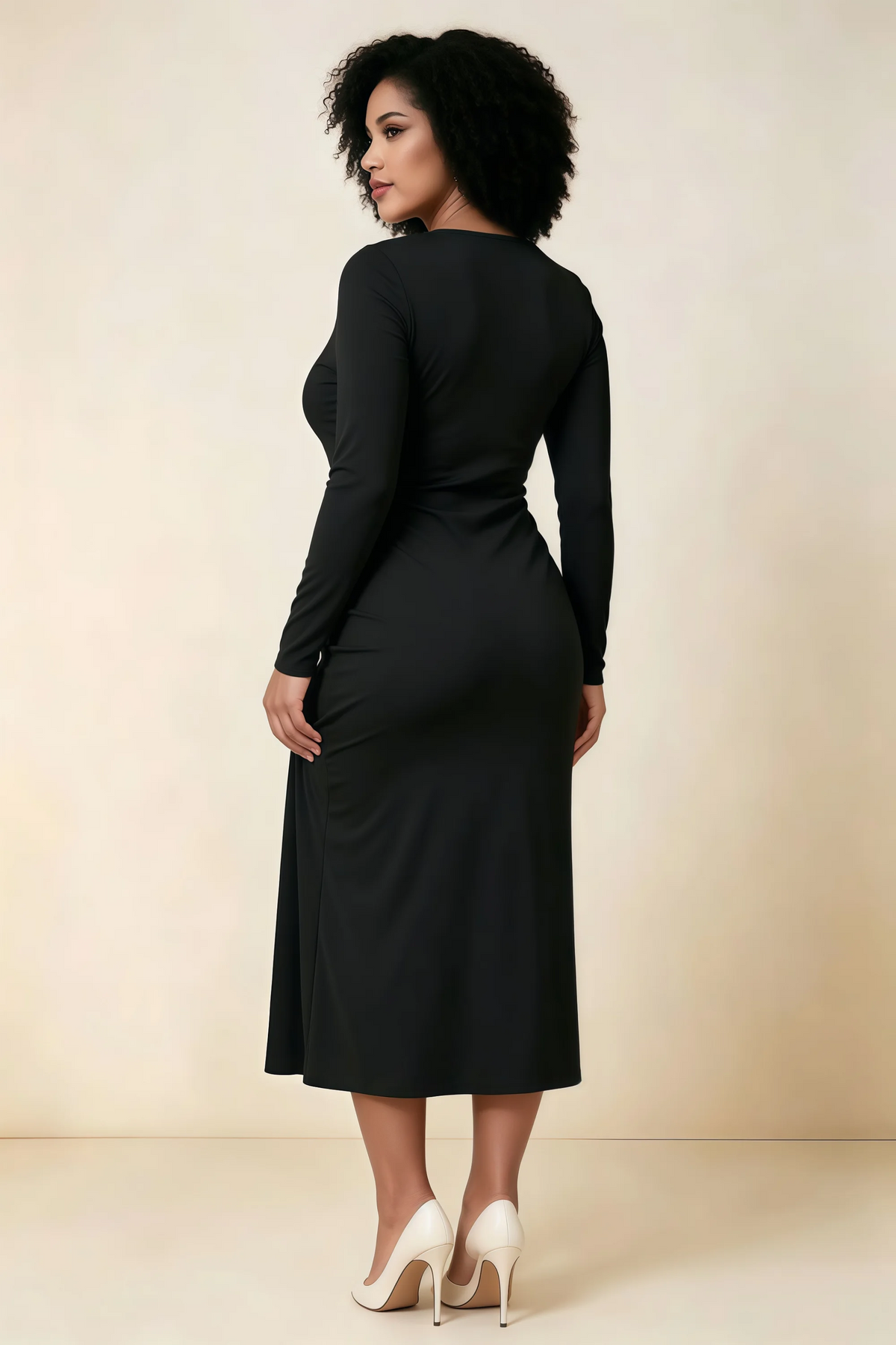 Antoinette Black Square Neck Long Sleeve Bodycon Midi Dress