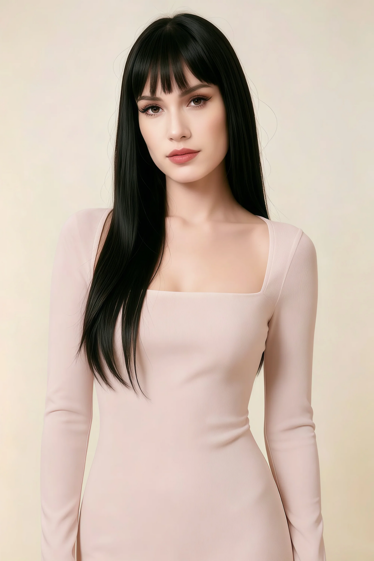 Antoinette Blush Square Neck Long Sleeve Bodycon Midi Dress