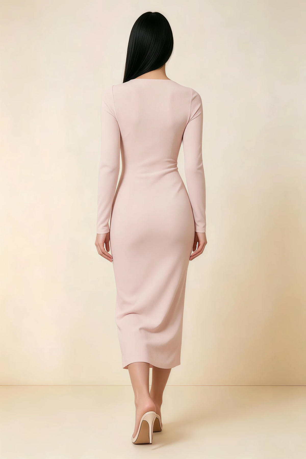 Antoinette Blush Square Neck Long Sleeve Bodycon Midi Dress