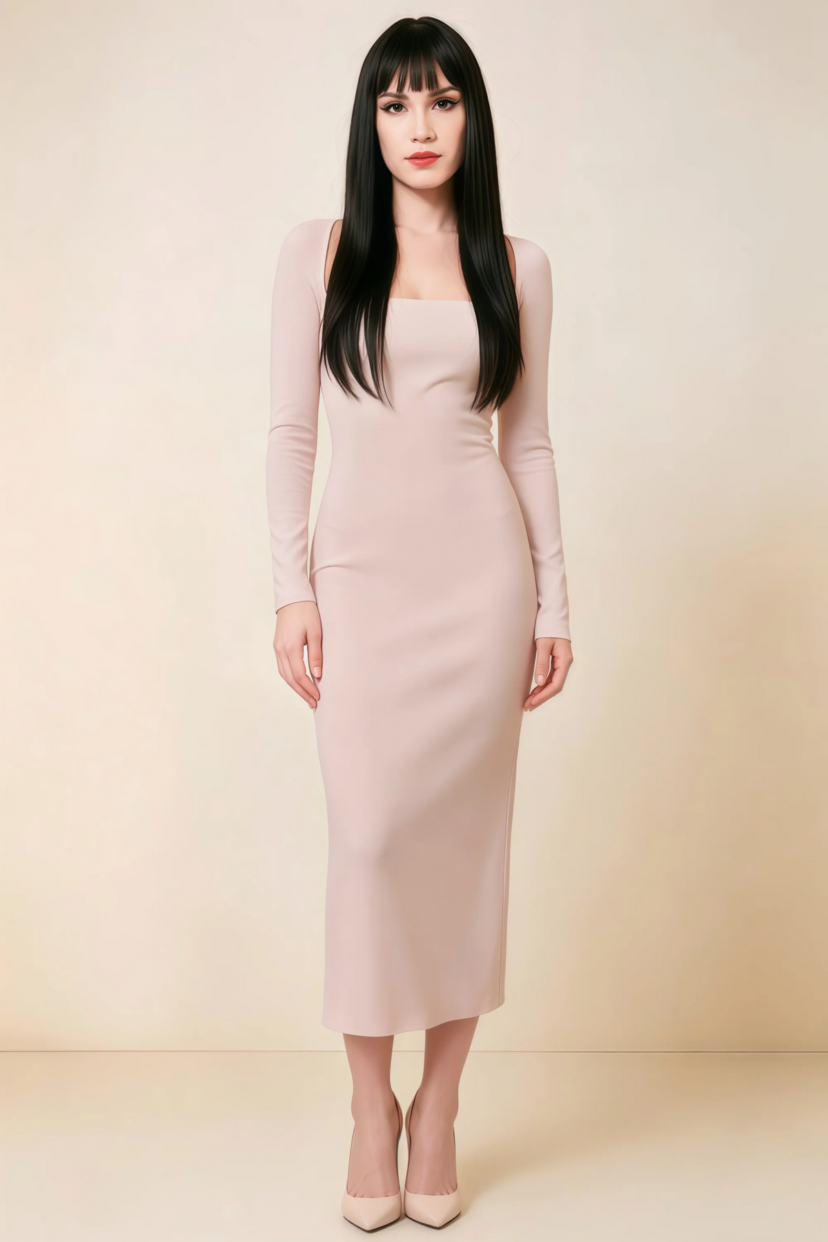 Antoinette Blush Square Neck Long Sleeve Bodycon Midi Dress