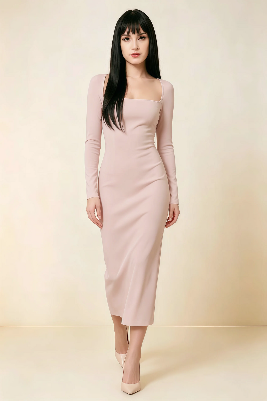 Antoinette Blush Square Neck Long Sleeve Bodycon Midi Dress
