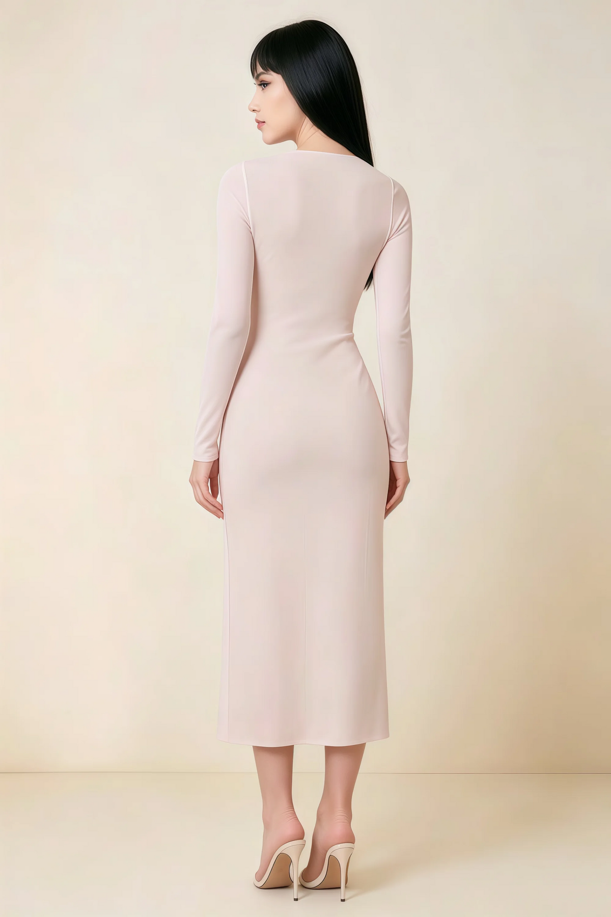 Antoinette Blush Square Neck Long Sleeve Bodycon Midi Dress