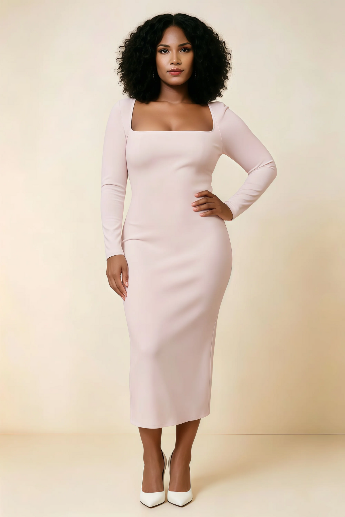 Antoinette Blush Square Neck Long Sleeve Bodycon Midi Dress