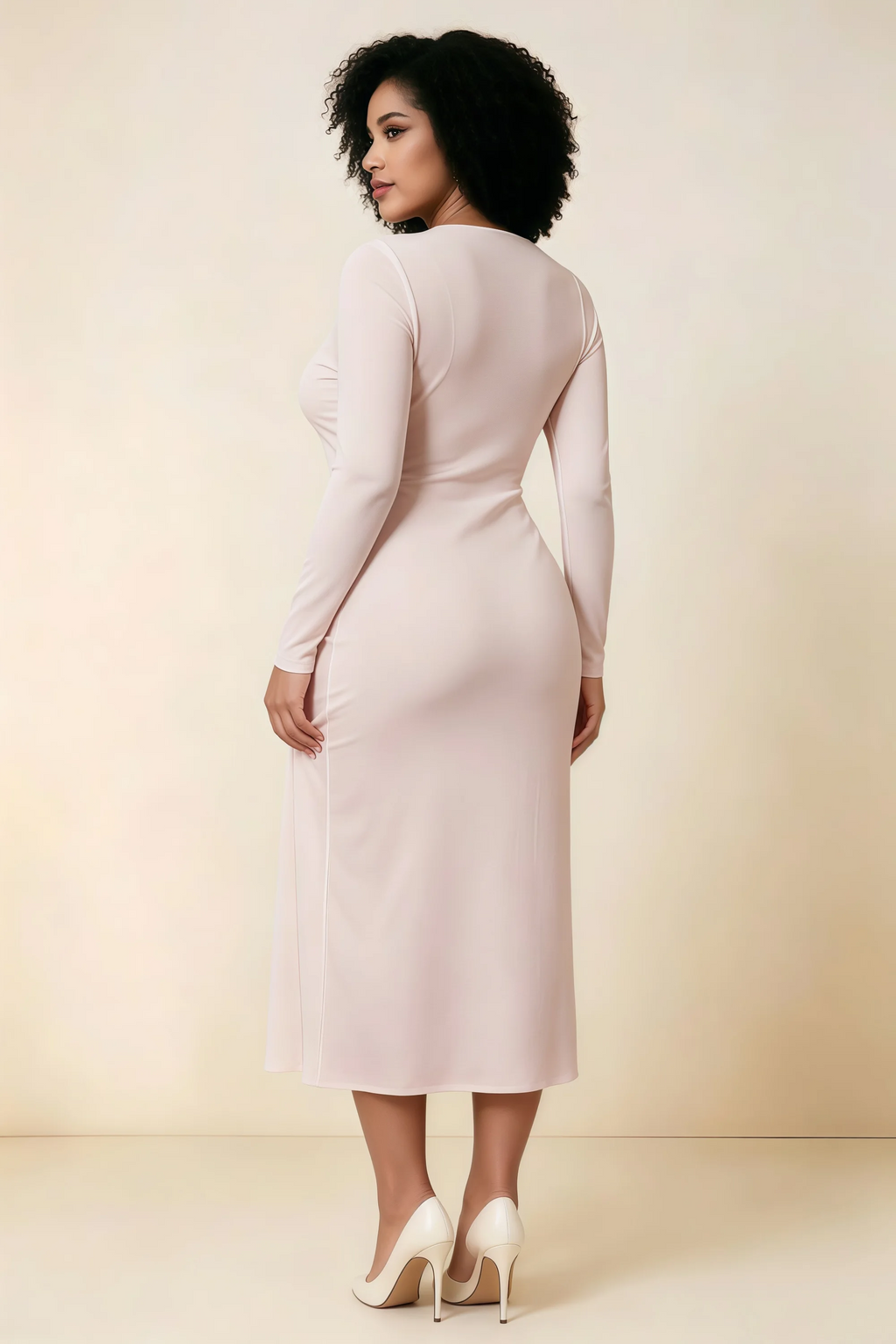 Antoinette Blush Square Neck Long Sleeve Bodycon Midi Dress