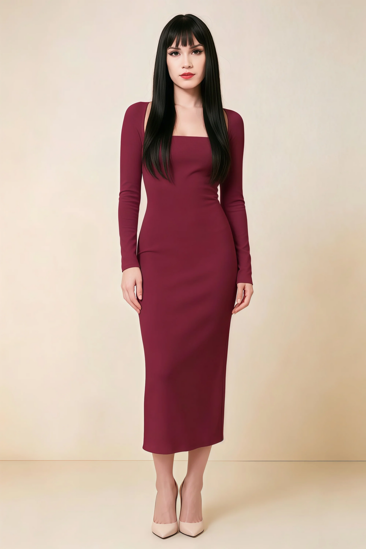 Antoinette Burgundy Square Neck Long Sleeve Bodycon Midi Dress