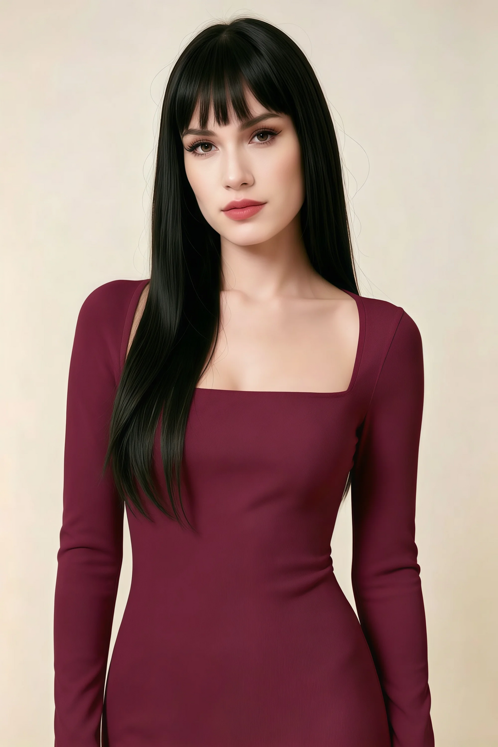 Antoinette Burgundy Square Neck Long Sleeve Bodycon Midi Dress