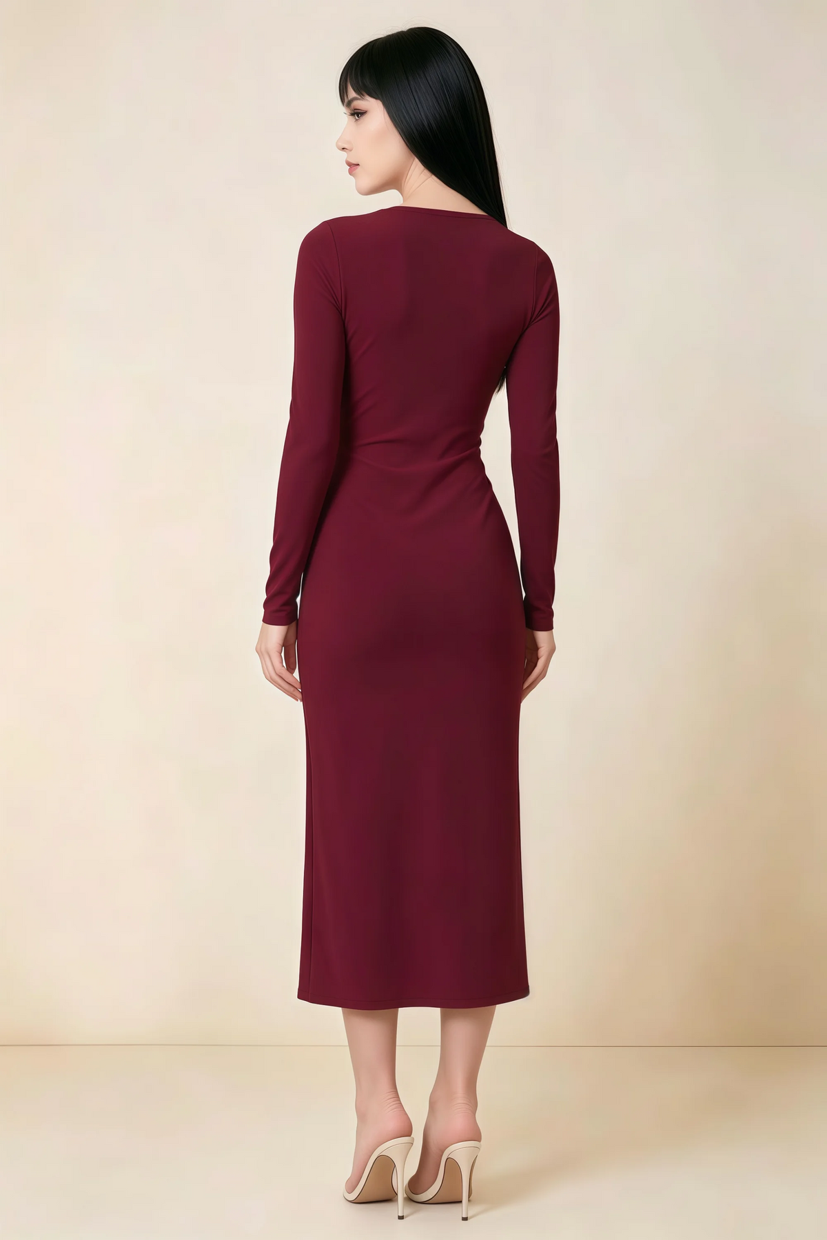 Antoinette Burgundy Square Neck Long Sleeve Bodycon Midi Dress