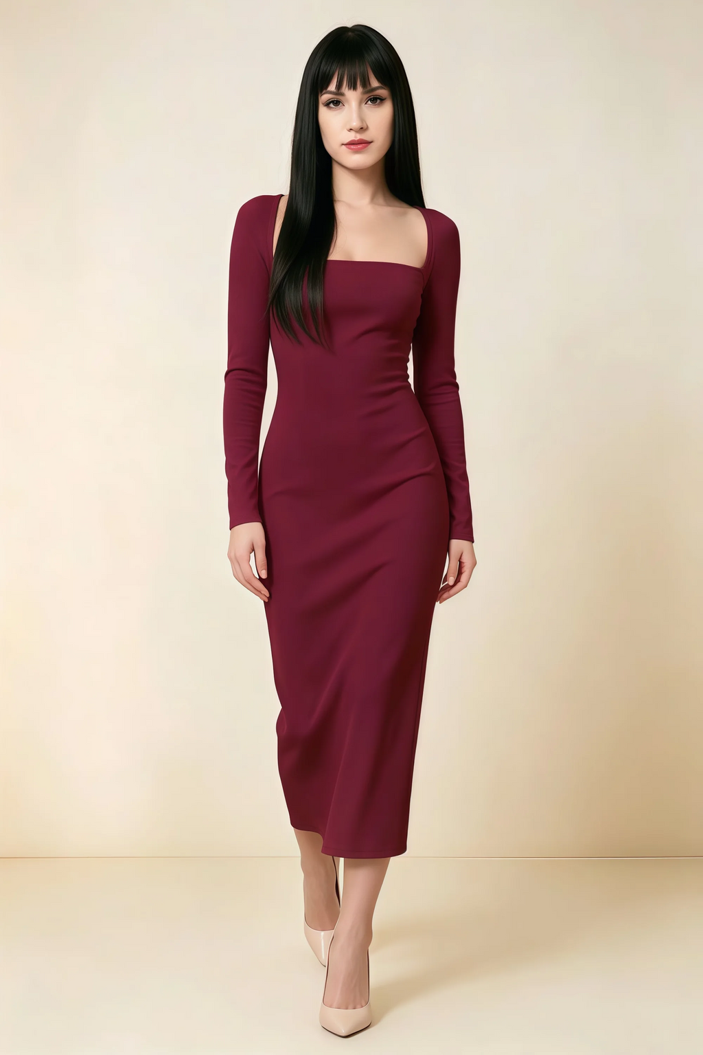 Antoinette Burgundy Square Neck Long Sleeve Bodycon Midi Dress
