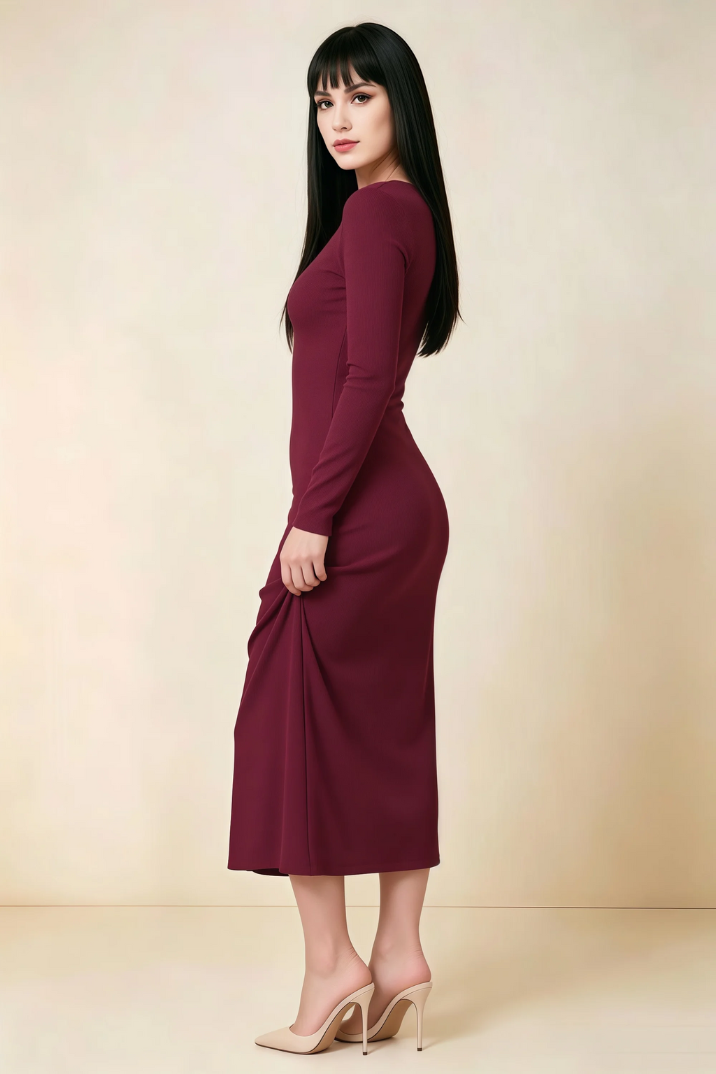 Antoinette Burgundy Square Neck Long Sleeve Bodycon Midi Dress
