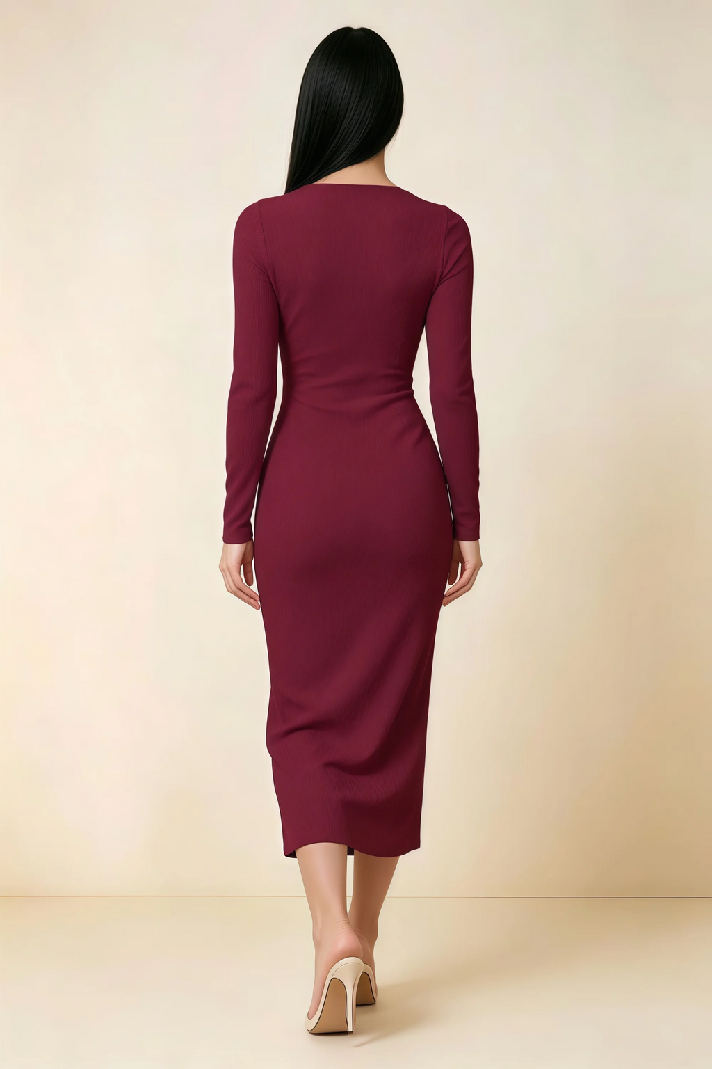 Antoinette Burgundy Square Neck Long Sleeve Bodycon Midi Dress