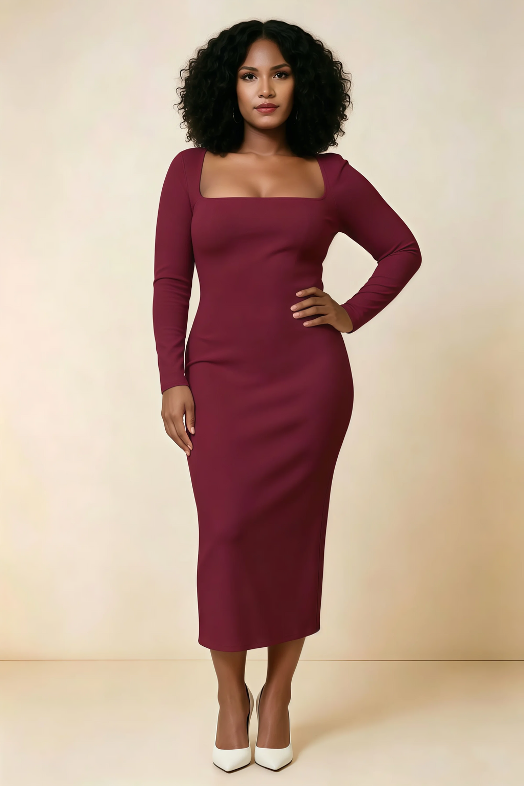 Antoinette Burgundy Square Neck Long Sleeve Bodycon Midi Dress
