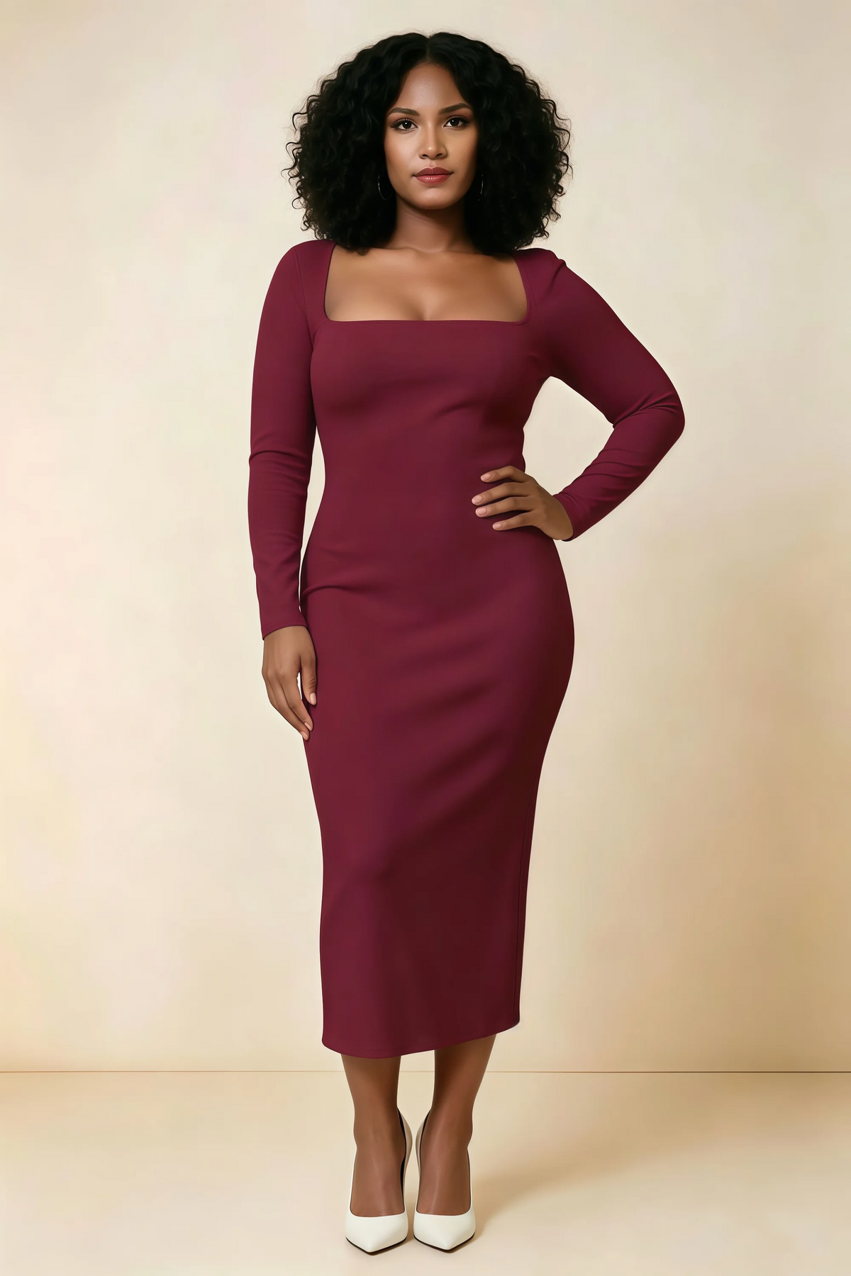 Antoinette Burgundy Square Neck Long Sleeve Bodycon Midi Dress