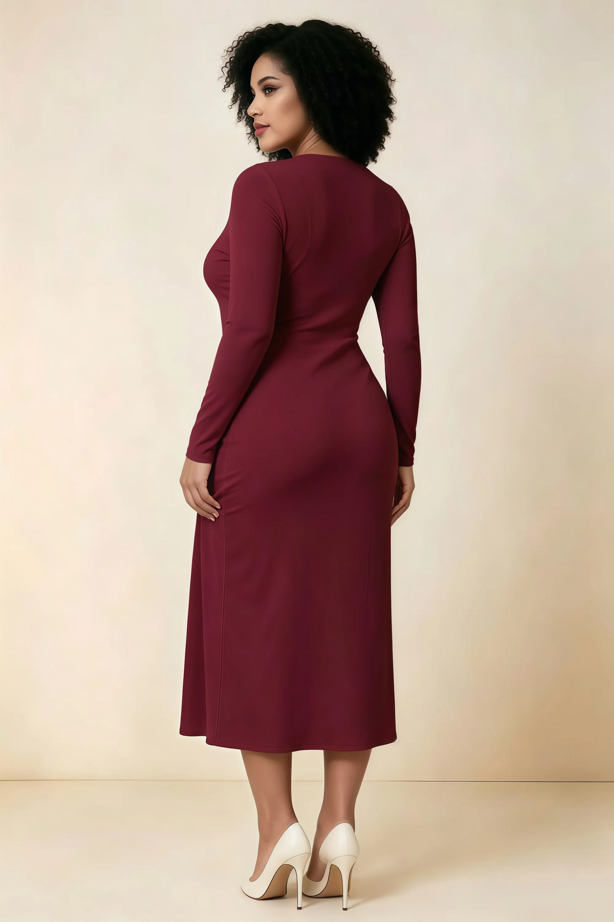 Antoinette Burgundy Square Neck Long Sleeve Bodycon Midi Dress