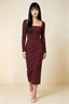 Antoinette Cabernet Square Neck Long Sleeve Bodycon Midi Dress