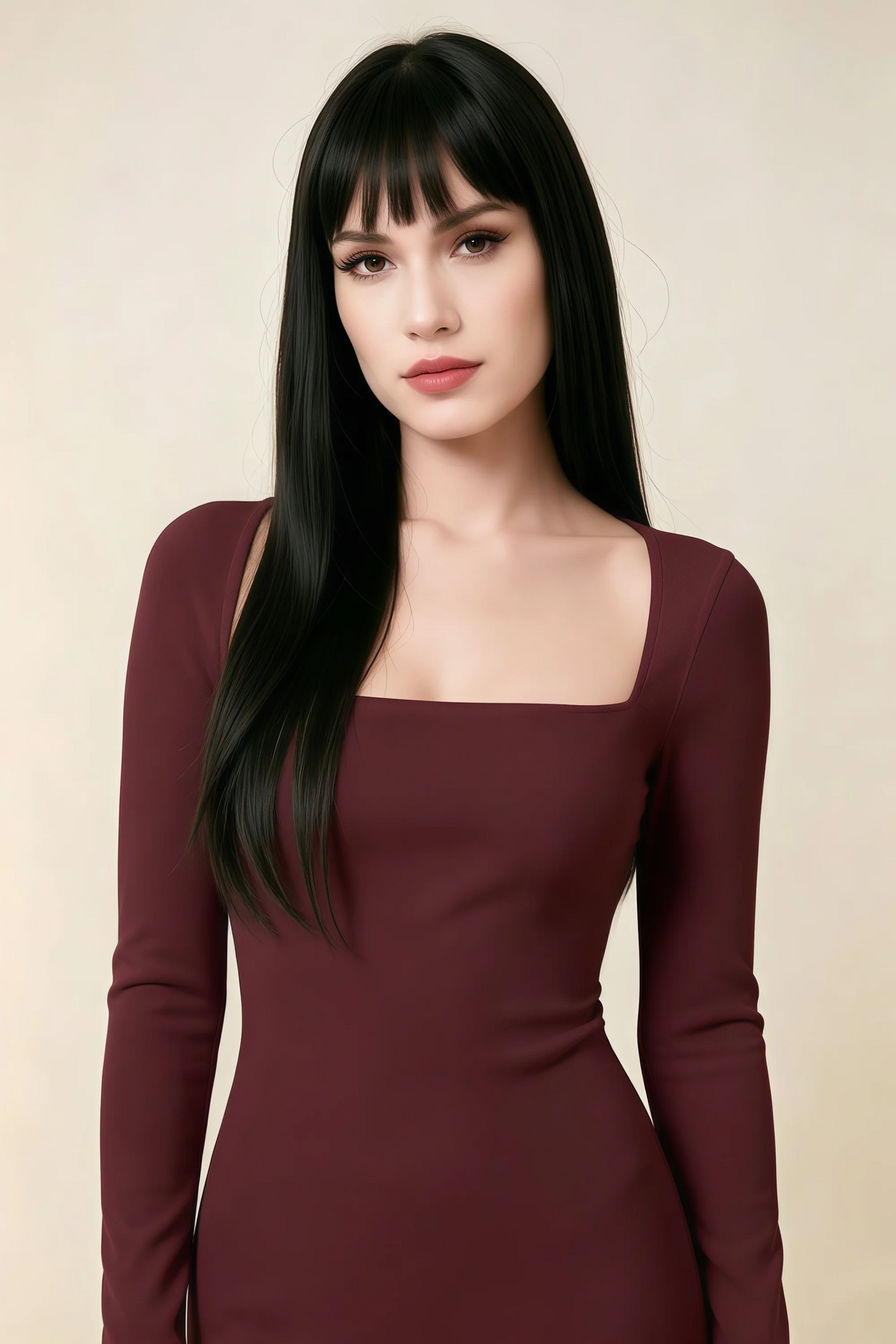 Antoinette Cabernet Square Neck Long Sleeve Bodycon Midi Dress