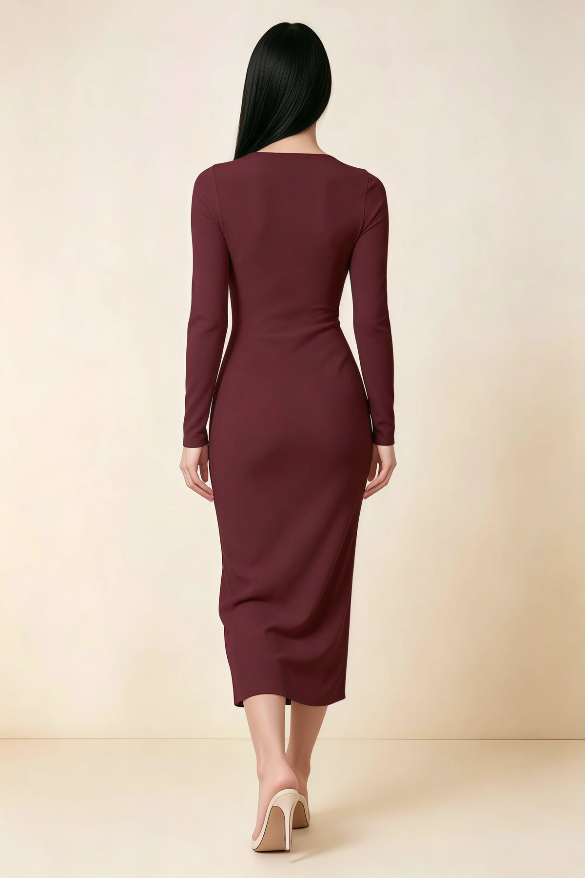 Antoinette Cabernet Square Neck Long Sleeve Bodycon Midi Dress