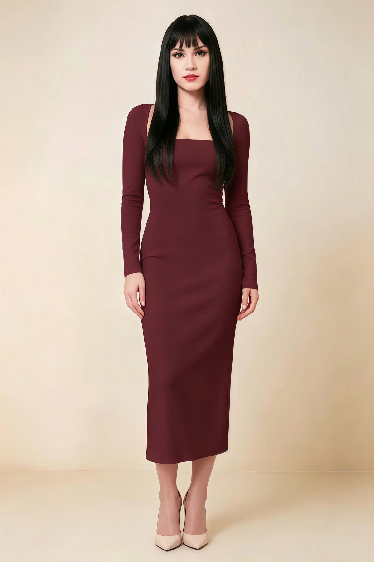 Antoinette Cabernet Square Neck Long Sleeve Bodycon Midi Dress