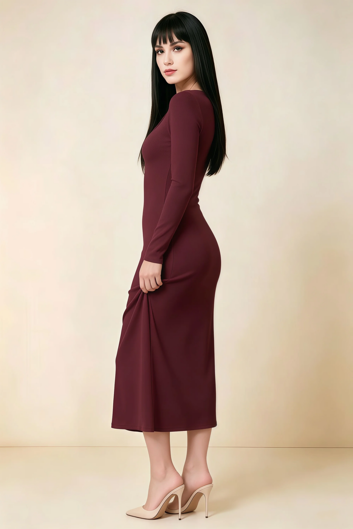 Antoinette Cabernet Square Neck Long Sleeve Bodycon Midi Dress