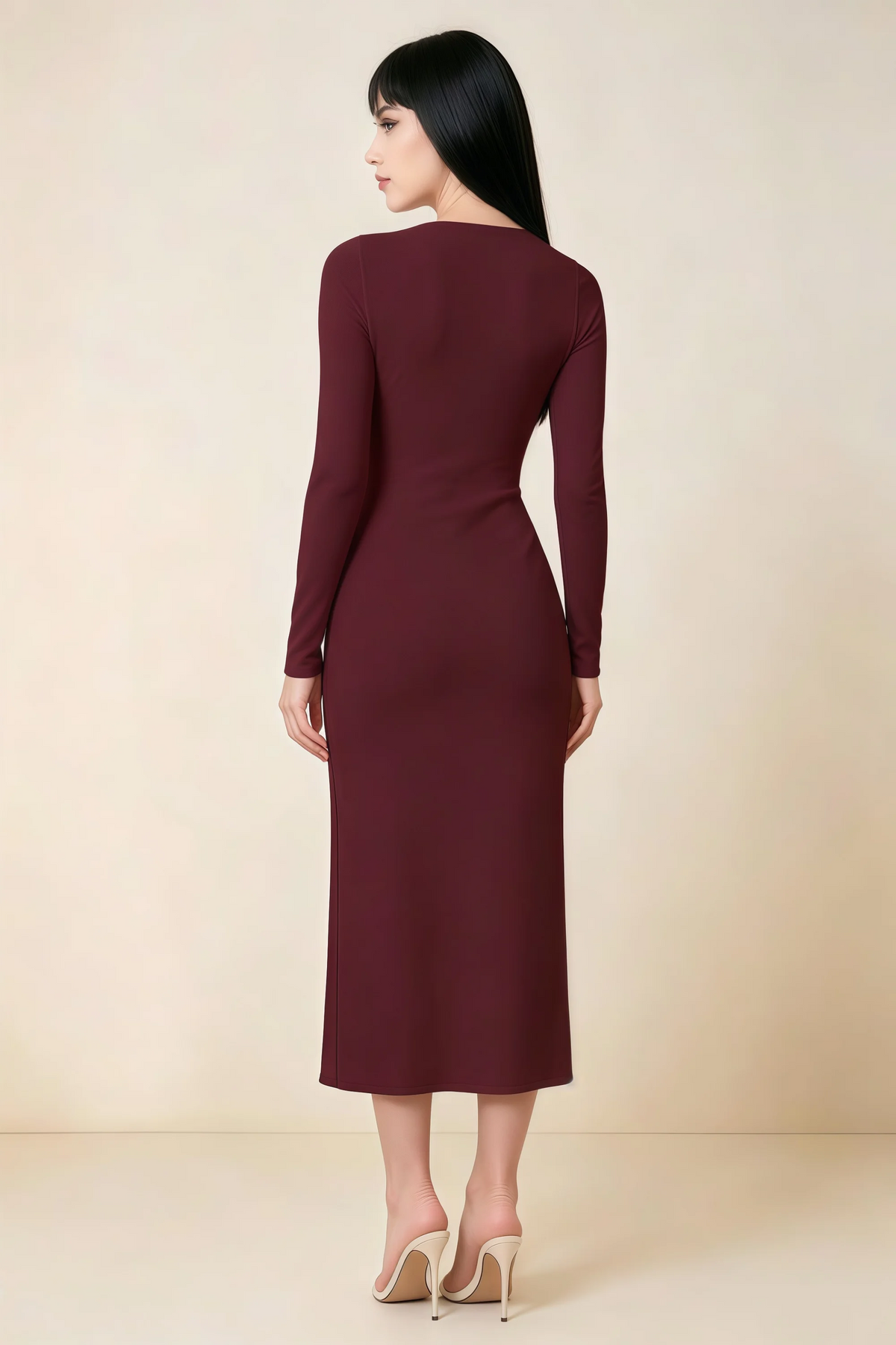 Antoinette Cabernet Square Neck Long Sleeve Bodycon Midi Dress
