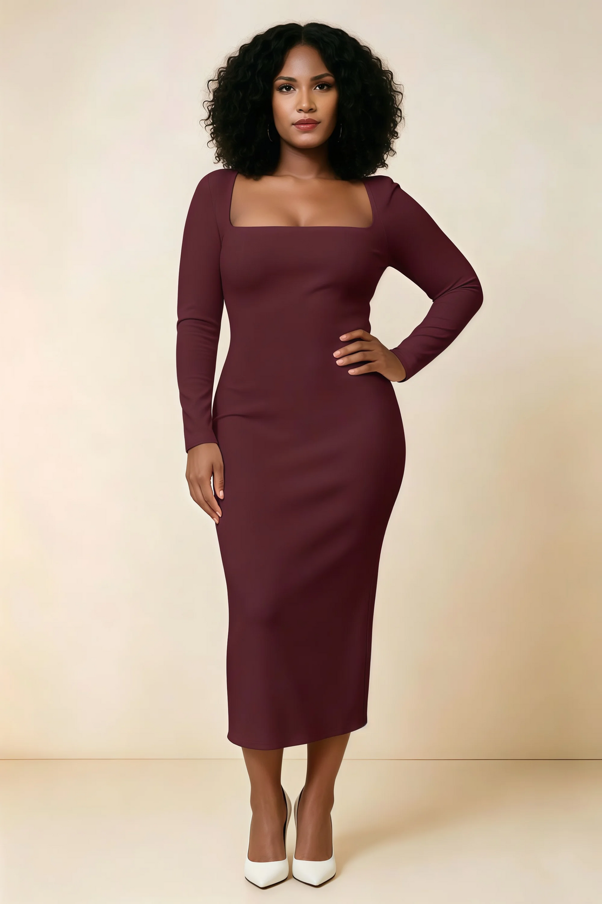 Antoinette Cabernet Square Neck Long Sleeve Bodycon Midi Dress