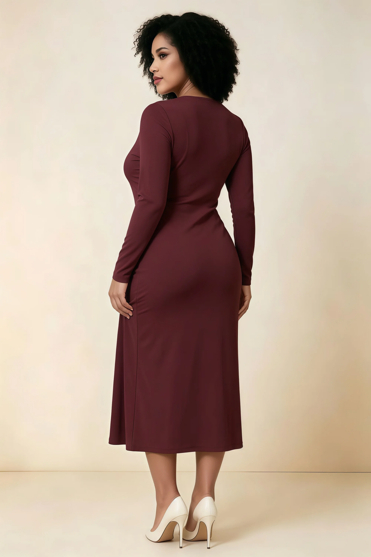 Antoinette Cabernet Square Neck Long Sleeve Bodycon Midi Dress