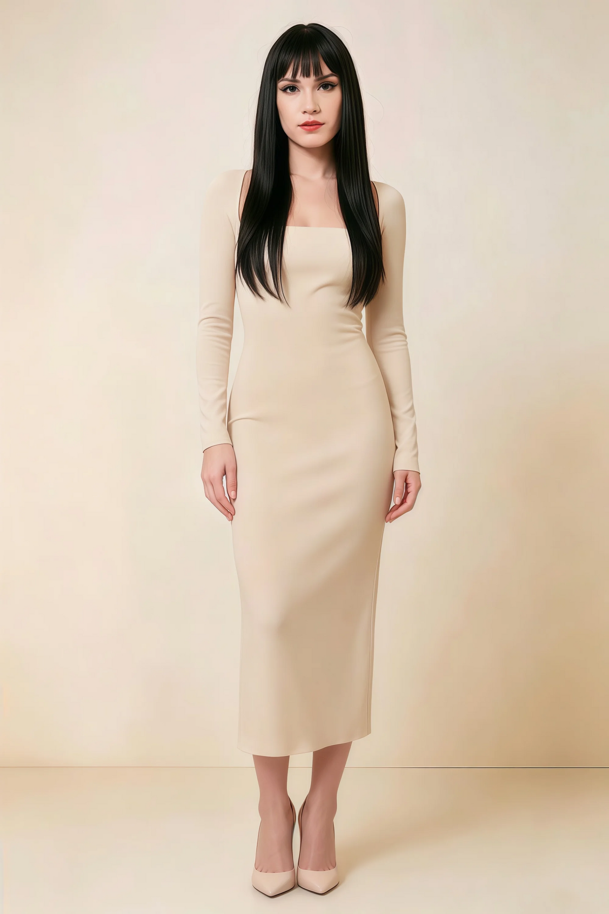 Antoinette Champagne Square Neck Long Sleeve Bodycon Midi Dress