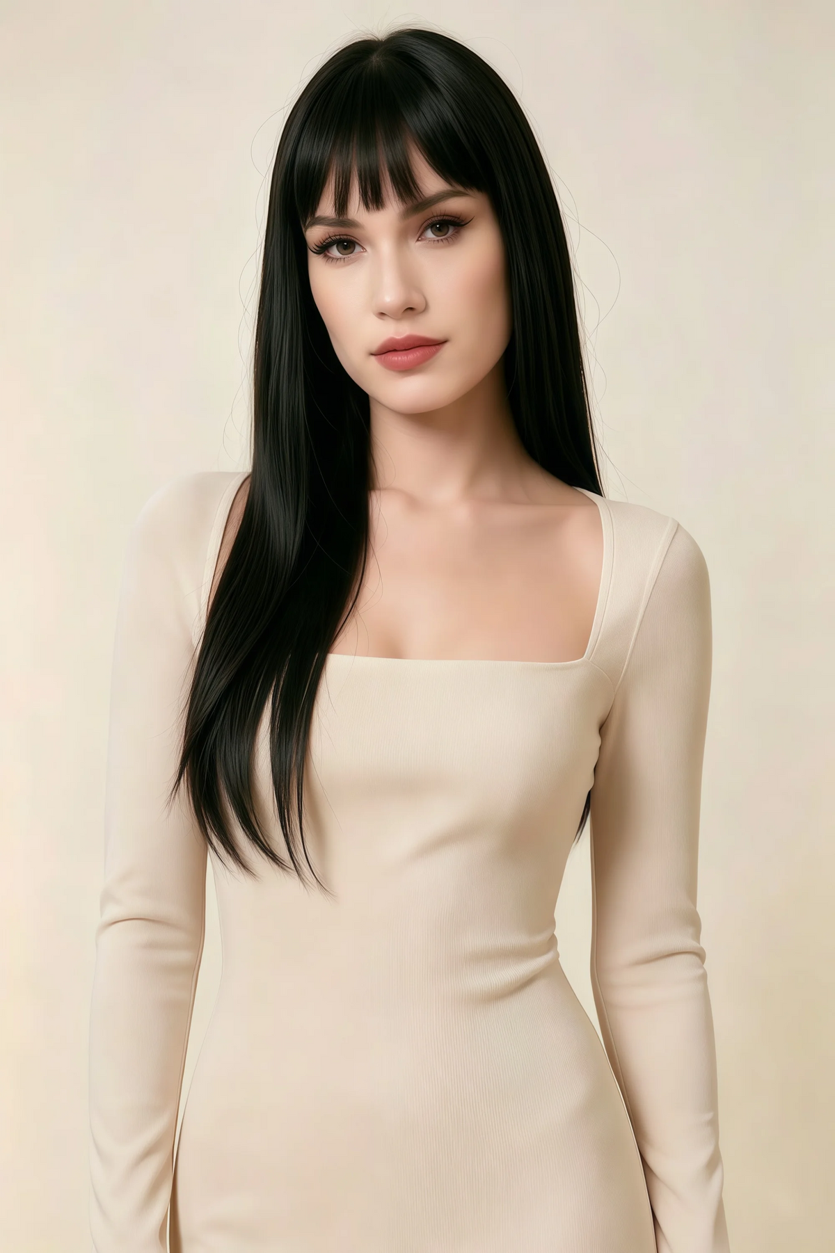 Antoinette Champagne Square Neck Long Sleeve Bodycon Midi Dress