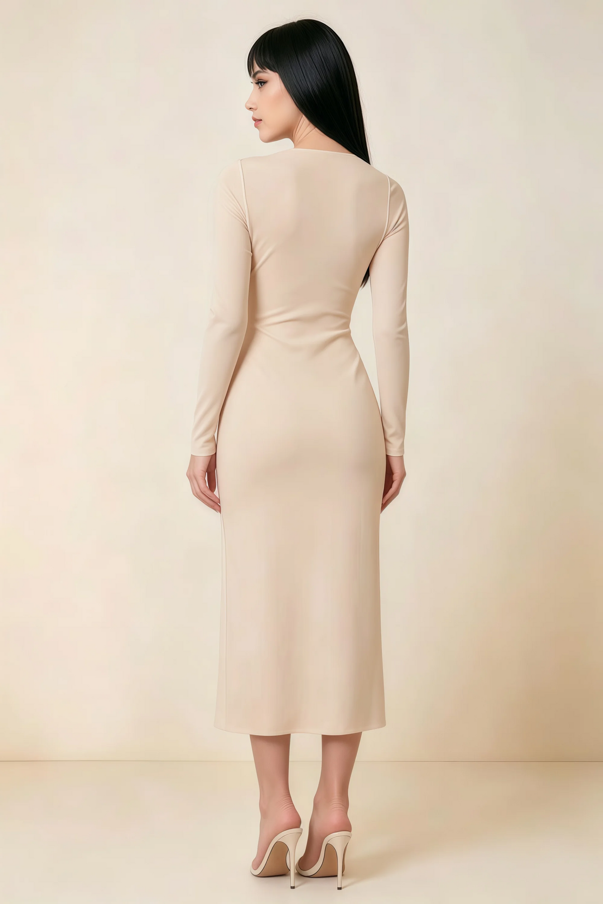 Antoinette Champagne Square Neck Long Sleeve Bodycon Midi Dress