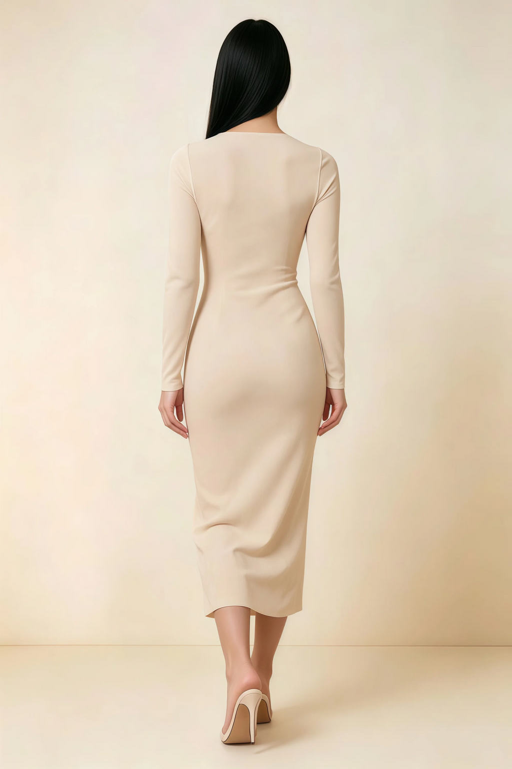 Antoinette Champagne Square Neck Long Sleeve Bodycon Midi Dress