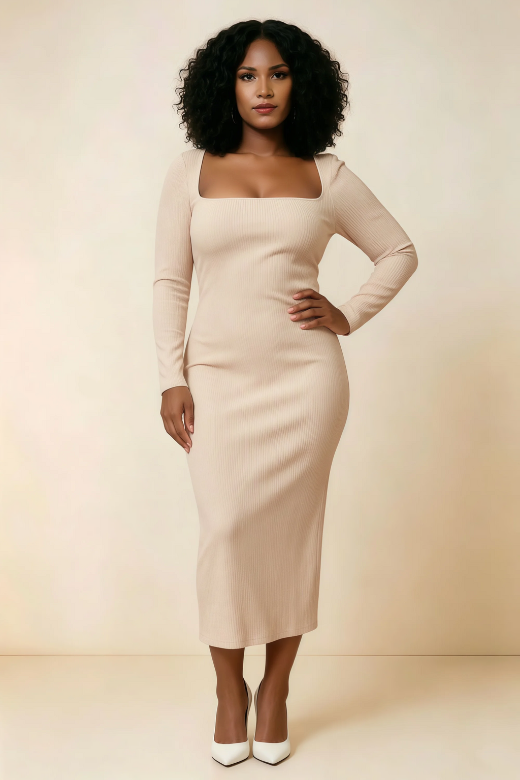 Antoinette Champagne Square Neck Long Sleeve Bodycon Midi Dress