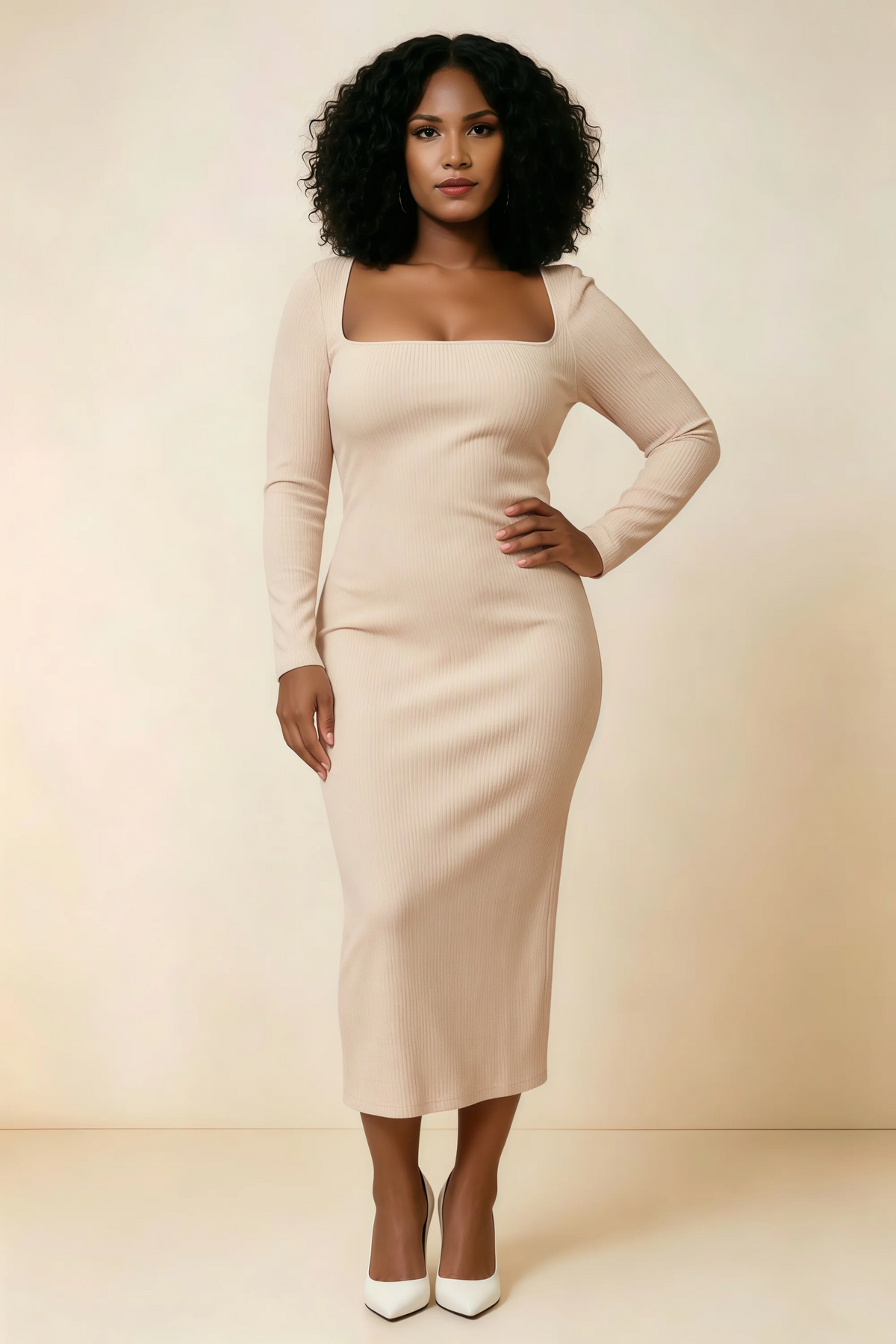Antoinette Champagne Square Neck Long Sleeve Bodycon Midi Dress