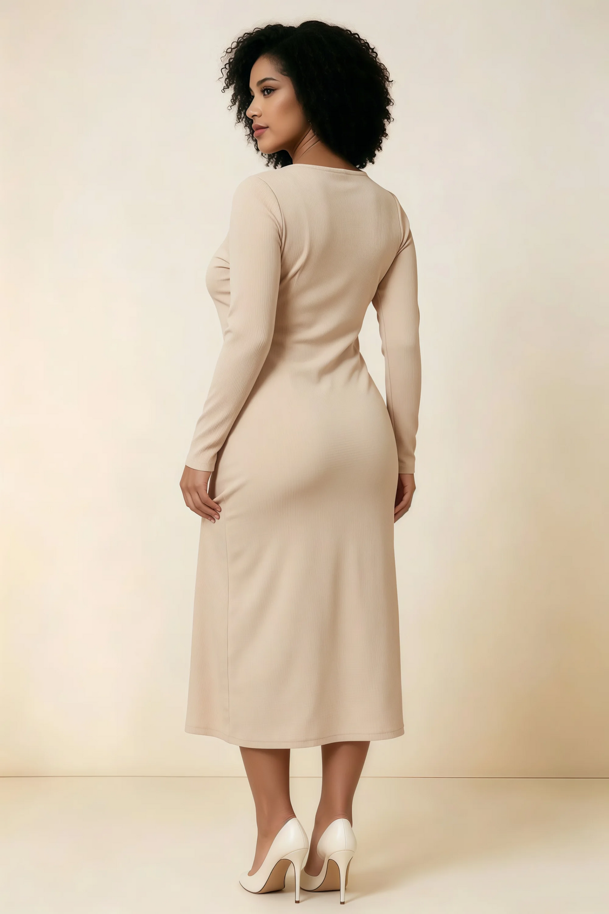 Antoinette Champagne Square Neck Long Sleeve Bodycon Midi Dress