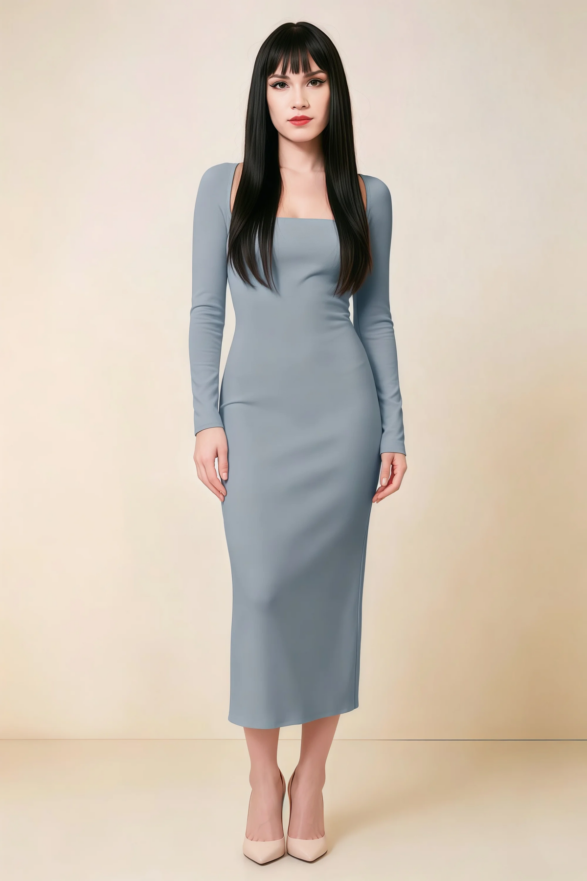 Antoinette Dusty Blue Square Neck Long Sleeve Bodycon Midi Dress