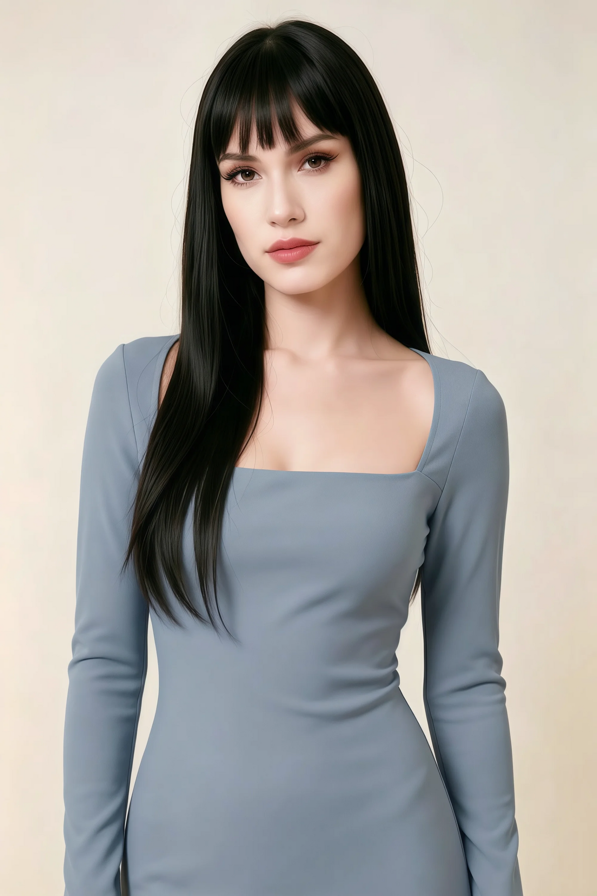 Antoinette Dusty Blue Square Neck Long Sleeve Bodycon Midi Dress