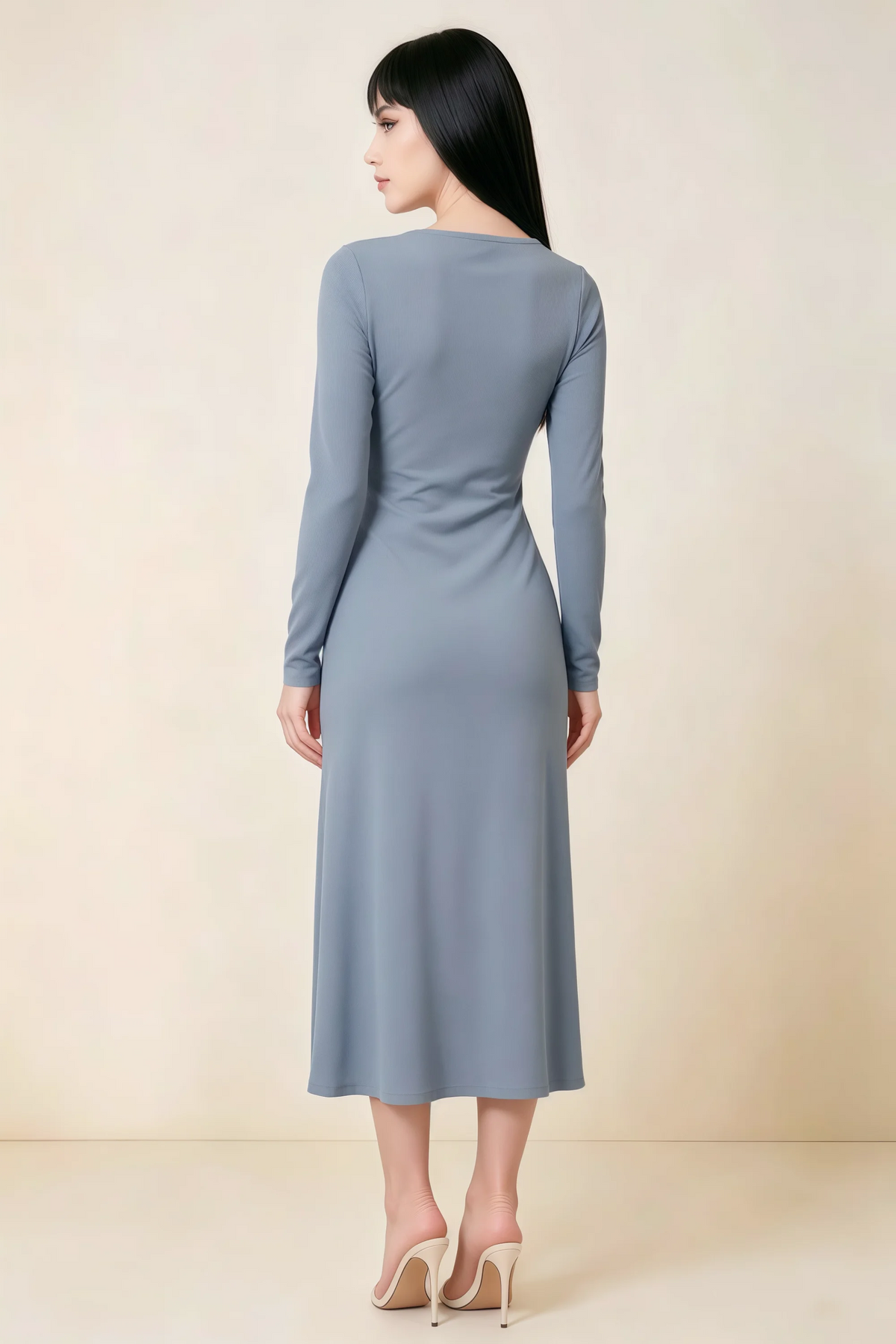 Antoinette Dusty Blue Square Neck Long Sleeve Bodycon Midi Dress
