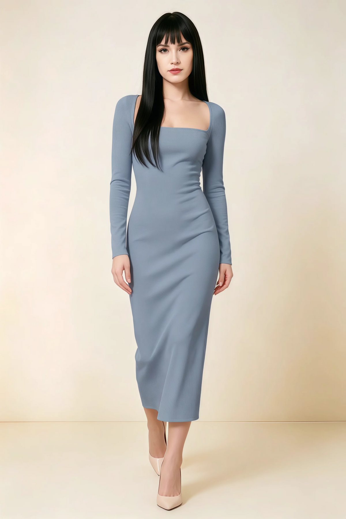 Antoinette Dusty Blue Square Neck Long Sleeve Bodycon Midi Dress